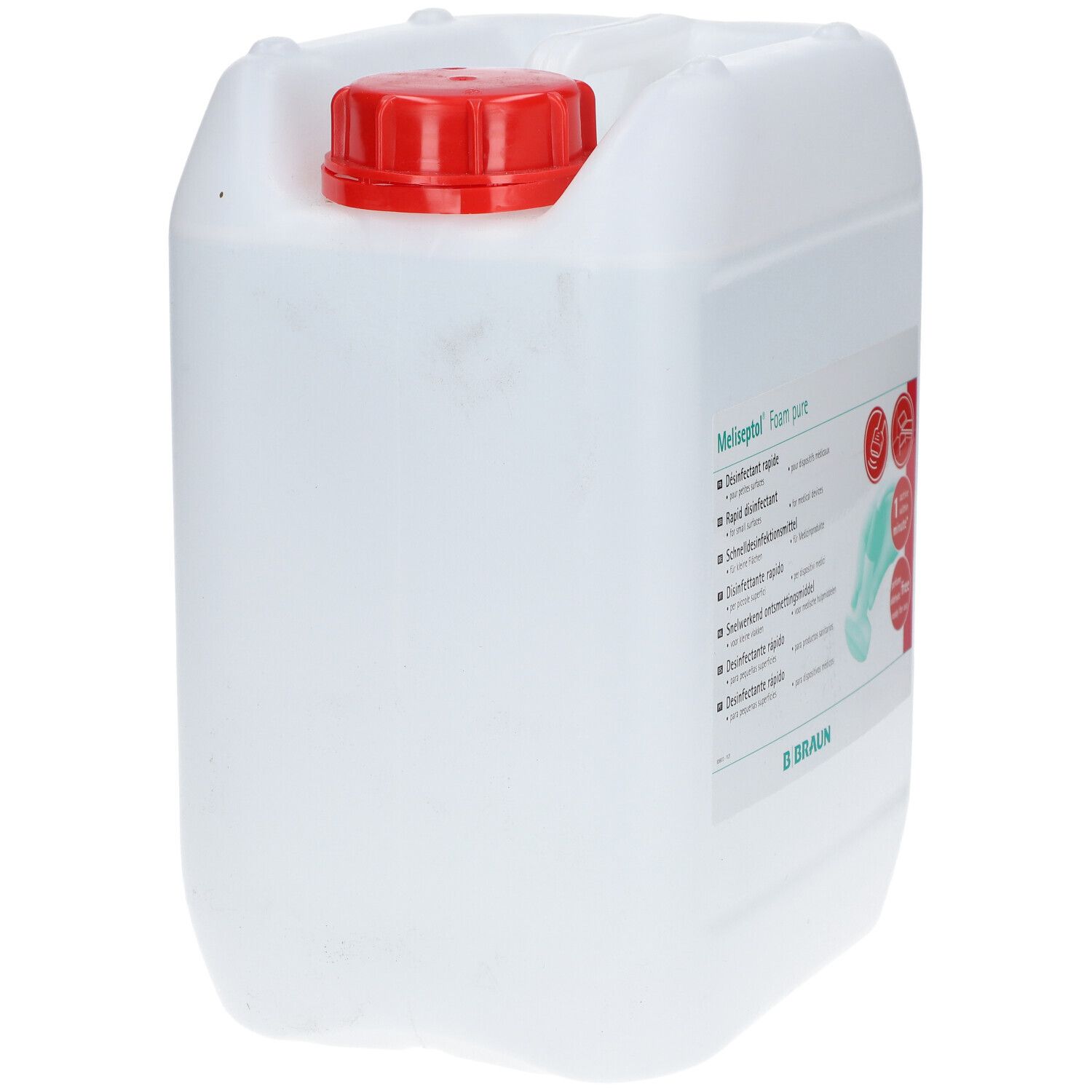 Bidon blanc avec bouchon rouge. Inscription : Meliseptol Foam pure. Étiquette avec informations produit.