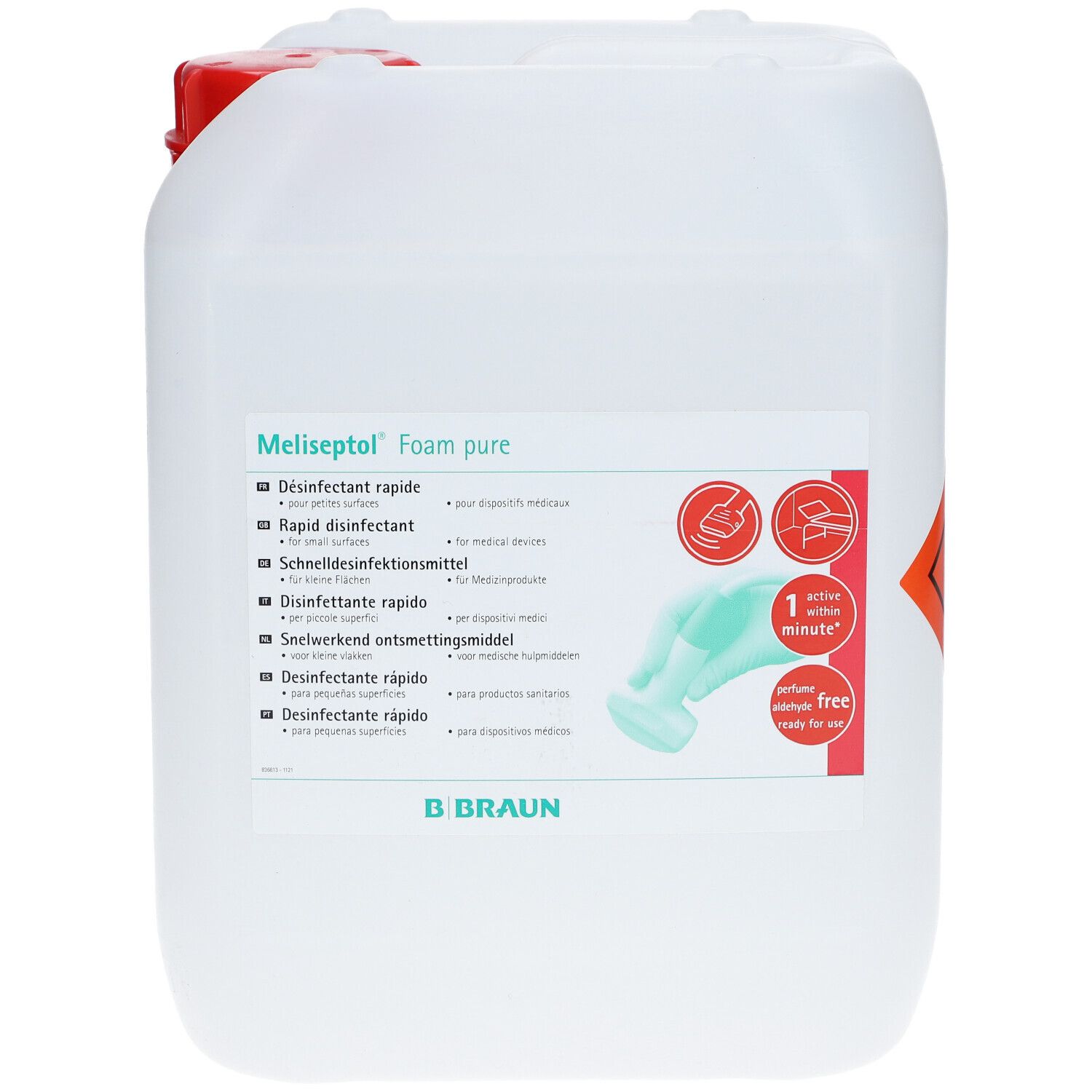 Bidon blanc avec bouchon rouge et étiquette. Inscription : Meliseptol Foam pure. Symbole de danger.