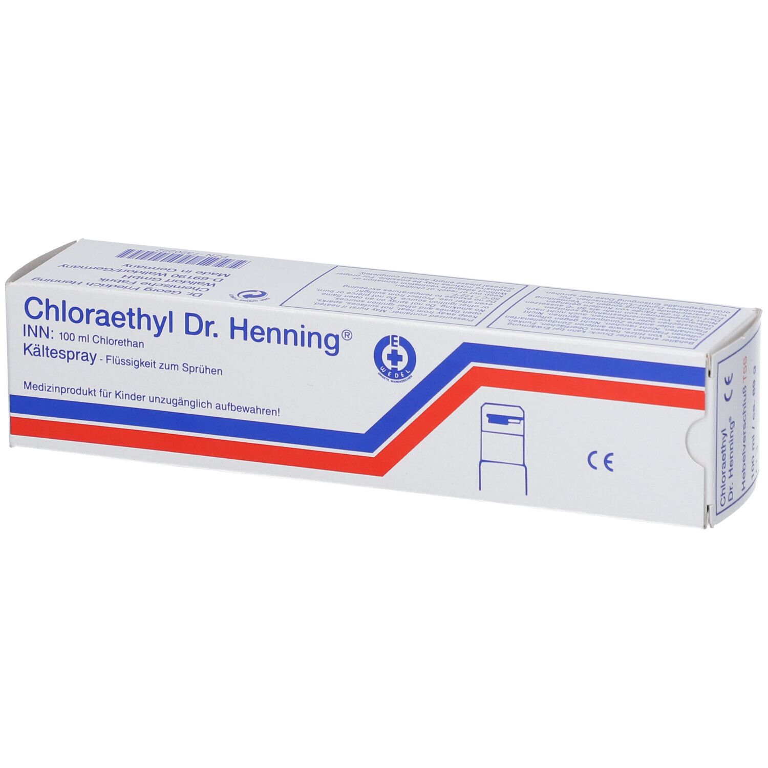 Boîte de Chloraethyl Dr. Henning. Blanche, rayures bleues et rouges. Texte : spray froid, produit médical.