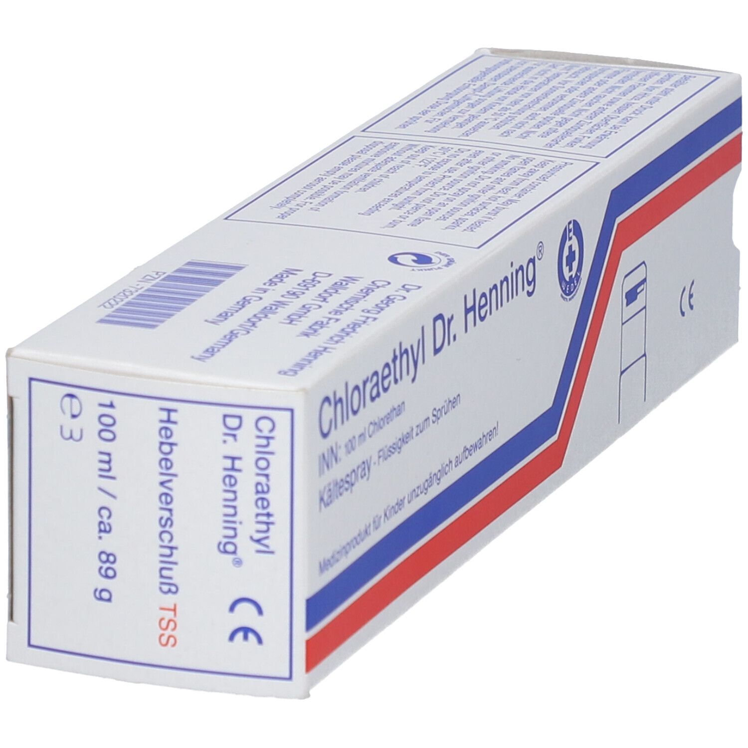 Boîte de Chloraethyl Dr. Henning. Blanche, rayures bleues et rouges. Texte : 100 ml, fermeture à levier TSS.