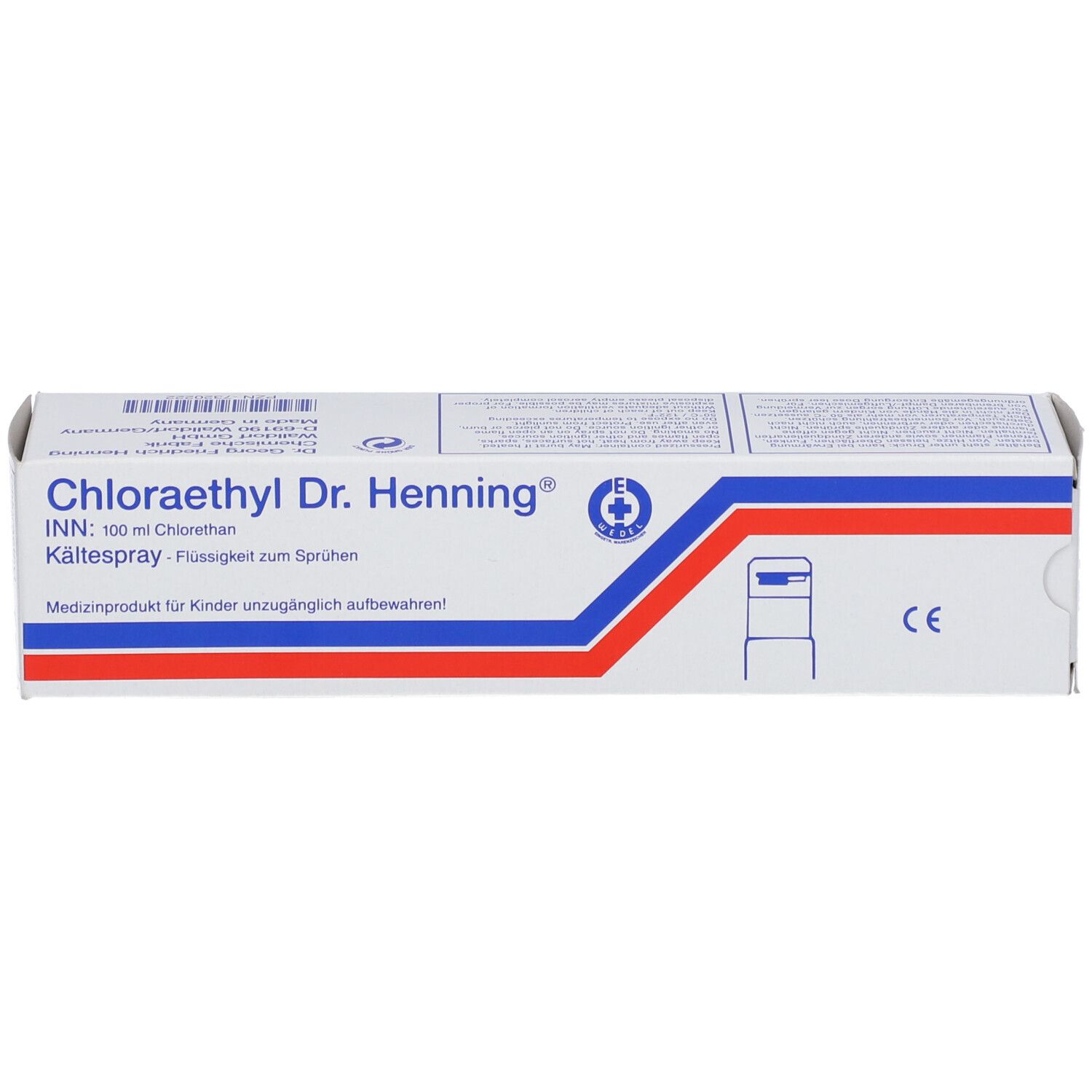 Boîte de Chloraethyl Dr. Henning. Blanche, rayures bleues et rouges. Texte : spray froid, produit médical.