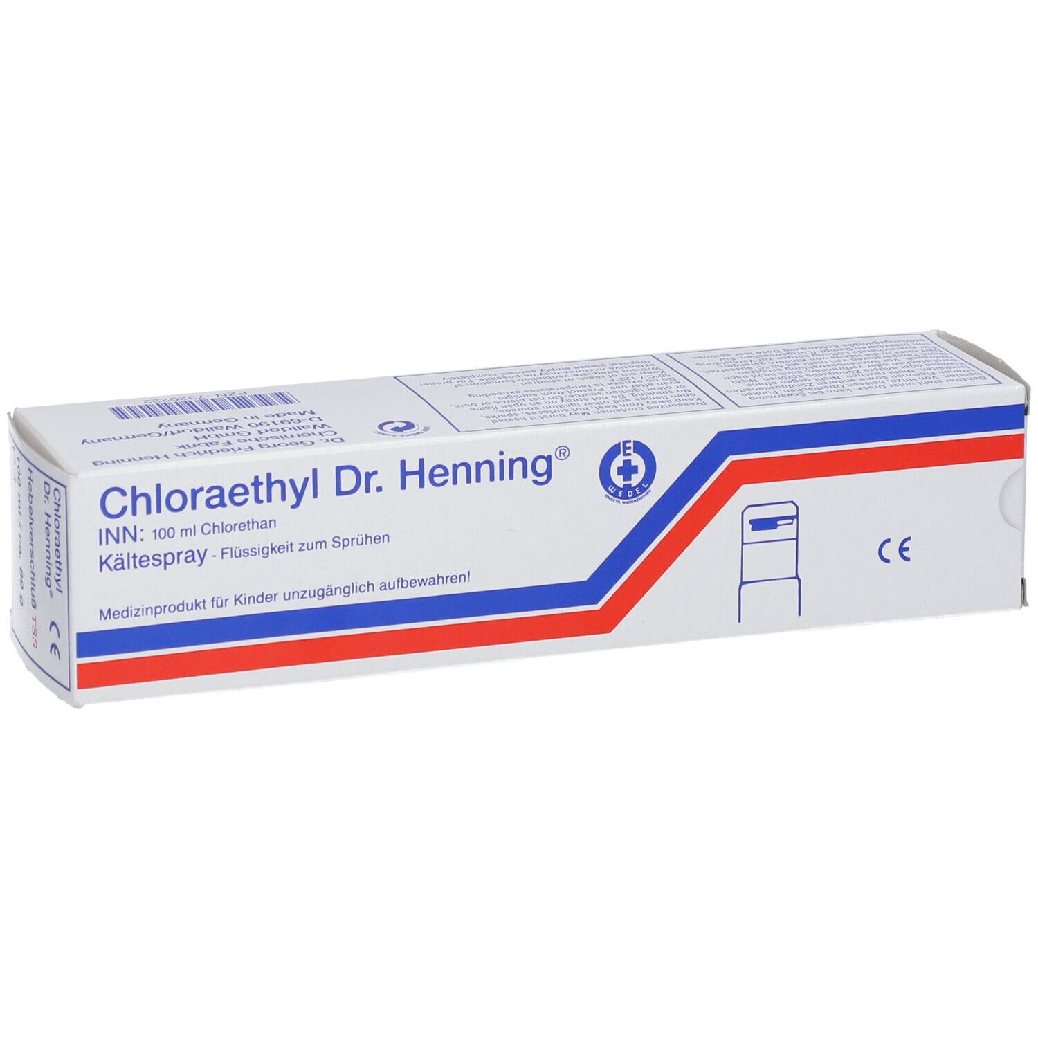 Boîte de Chloraethyl Dr. Henning. Blanche, rayures bleues et rouges. Texte : spray froid, produit médical.