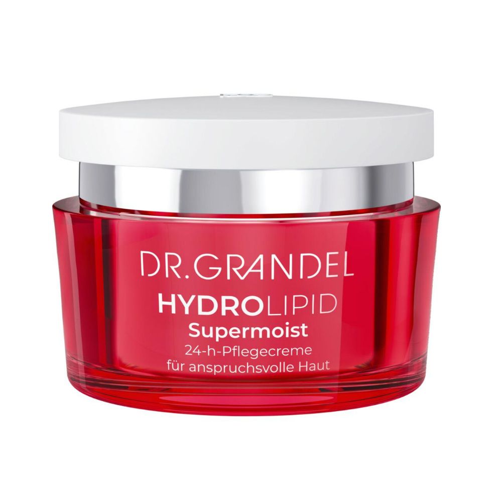 Pot de crème rouge avec couvercle blanc. Inscription : DR. GRANDEL HYDRO LIPID Supermoist 24-h-Pflegecreme für anspruchsvolle Haut.