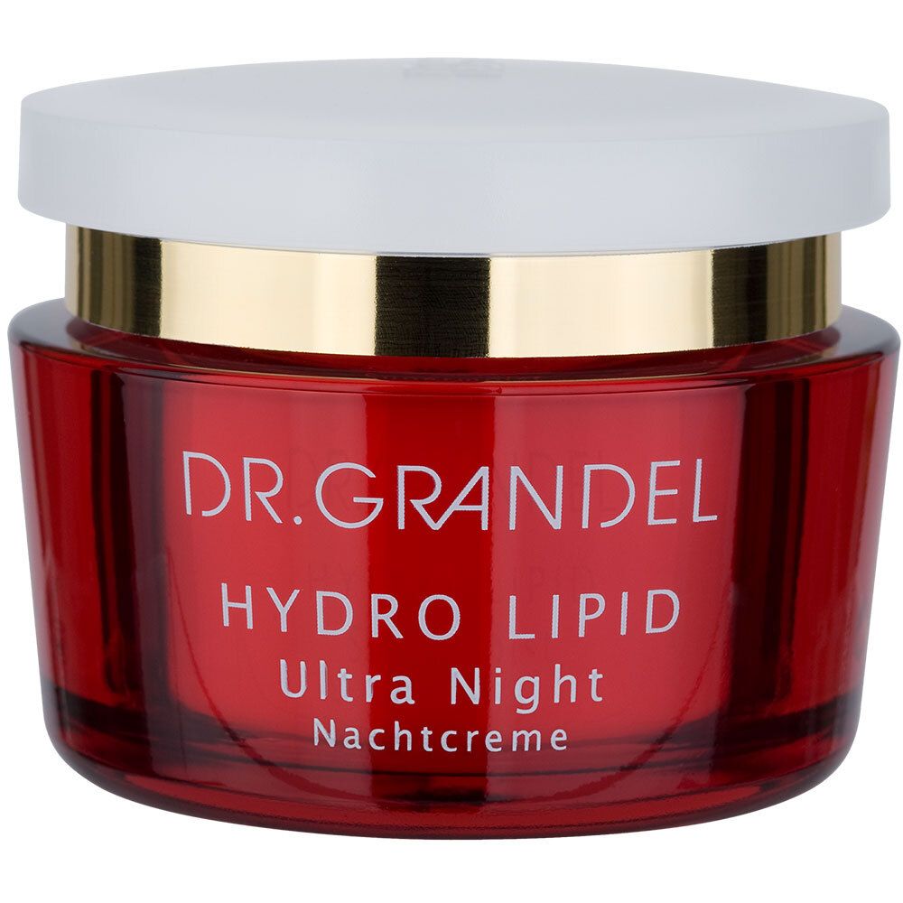 Pot de crème rouge avec couvercle blanc. Inscription : DR. GRANDEL HYDRO LIPID Ultra Night Nachtcreme.