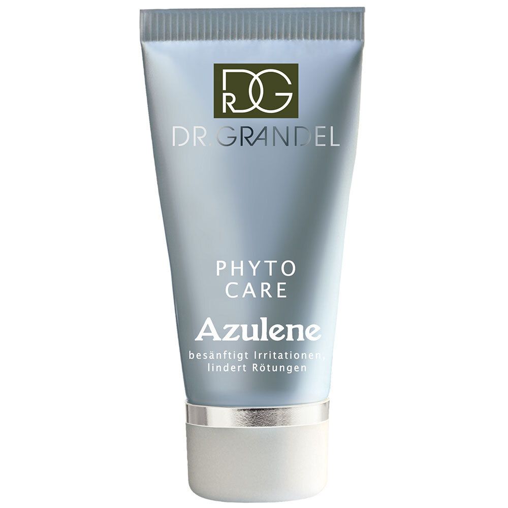 Tube bleu clair avec bouchon argenté. Inscription: DR. GRANDEL, PHYTO CARE Azulene. Apaise les irritations, réduit les rougeurs.