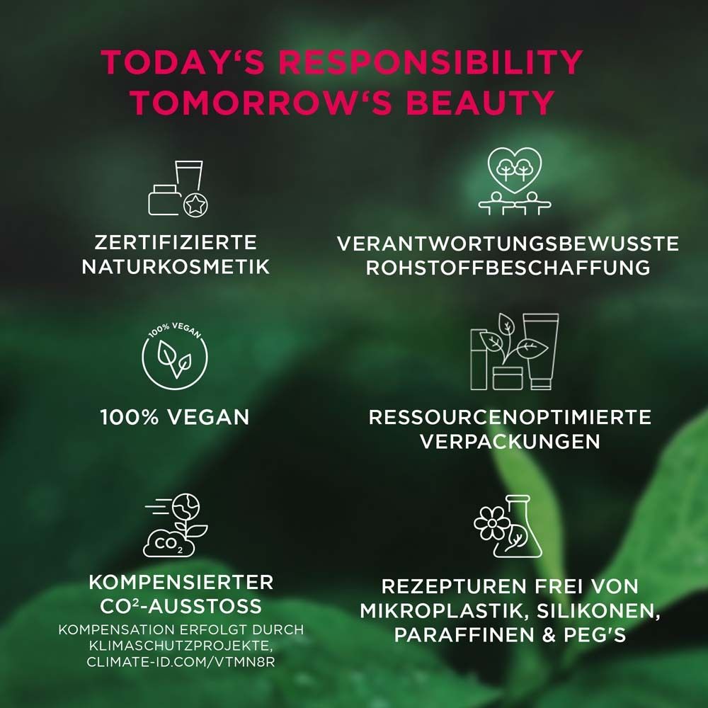 Infographie avec logos et texte. Thèmes : cosmétiques naturels, matières premières, végétalien, emballage, CO2, recettes.