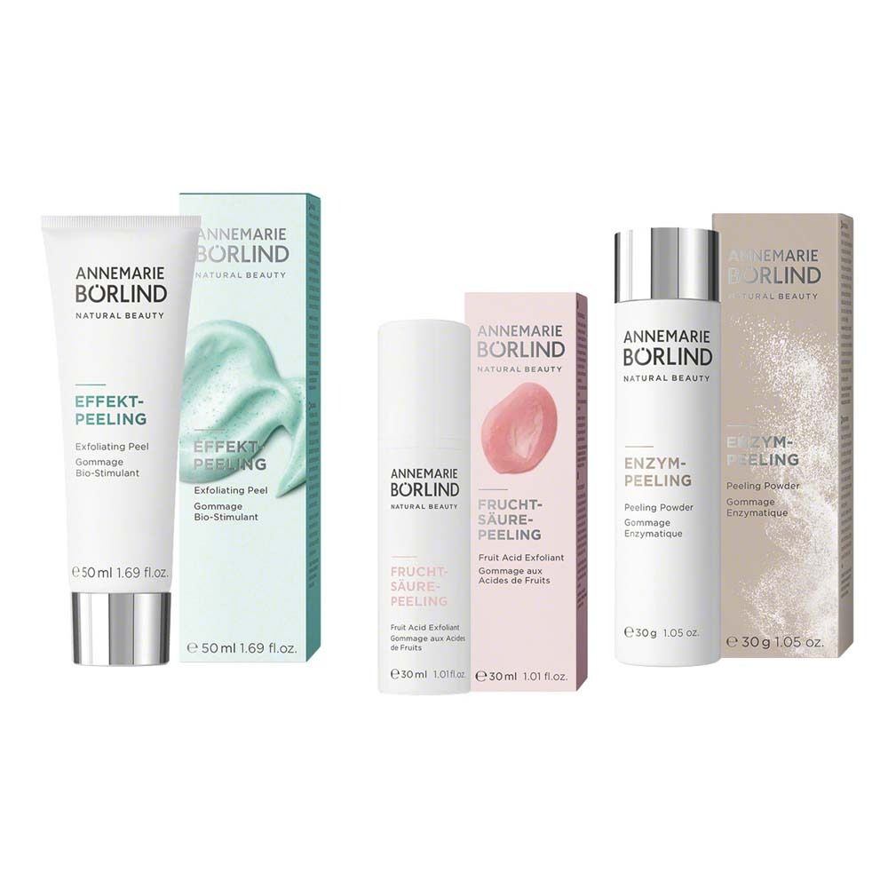 Drie producten van ANNEMARIE BÖRLIND: EFFEKT-PEELING, fruitzuurpeeling en enzympeeling, met verpakking.