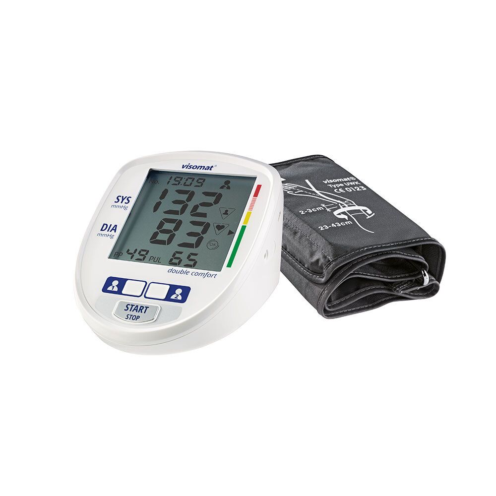 Bloeddrukmeter met manchet. Digitale display met meetwaarden. Witte behuizing, grijze manchet.