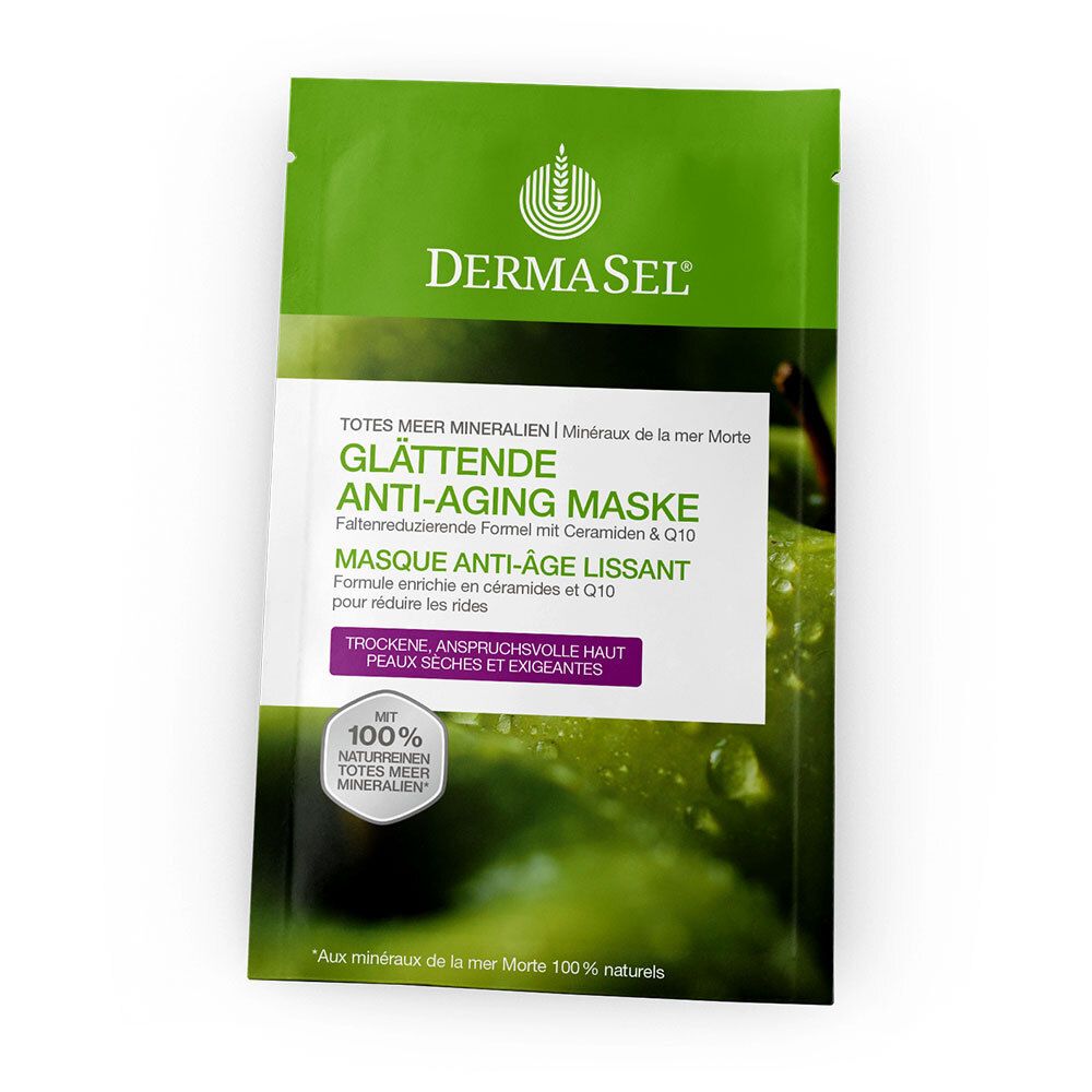 Groene verpakking met productnaam en logo. Tekst: Gladmakend anti-aging masker. Met 100% natuurlijke mineralen.