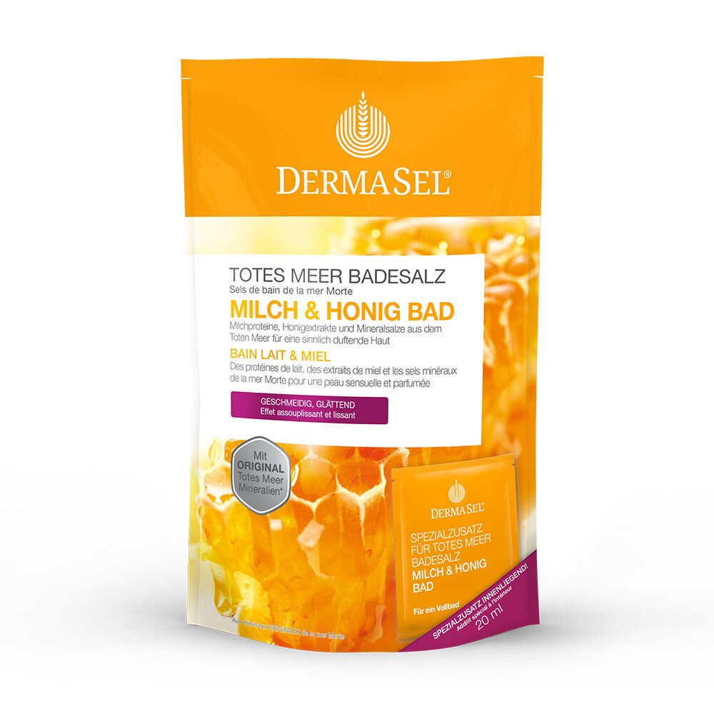 Zakje met productnaam en logo. Tekst: Totes Meer Badesalz Milch & Honig Bad. Klein extra product van 20 ml.