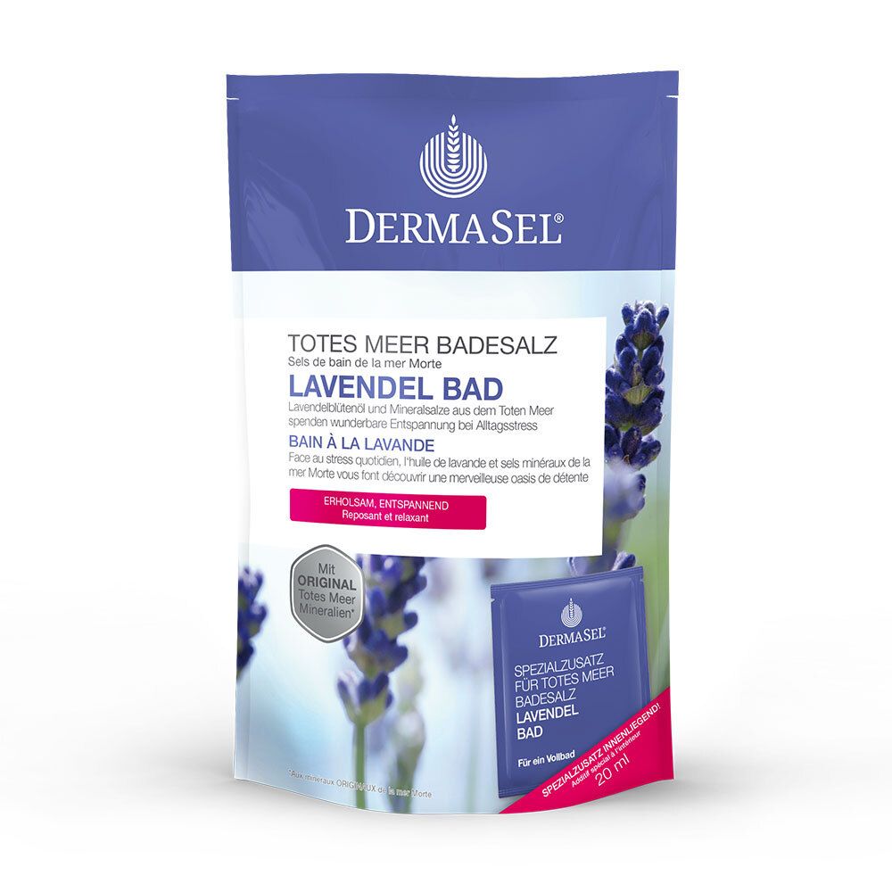 Zakje badzout. Opschrift: DERMASEL, Dode Zee badzout, lavendelbad. Met lavendelbloemen.