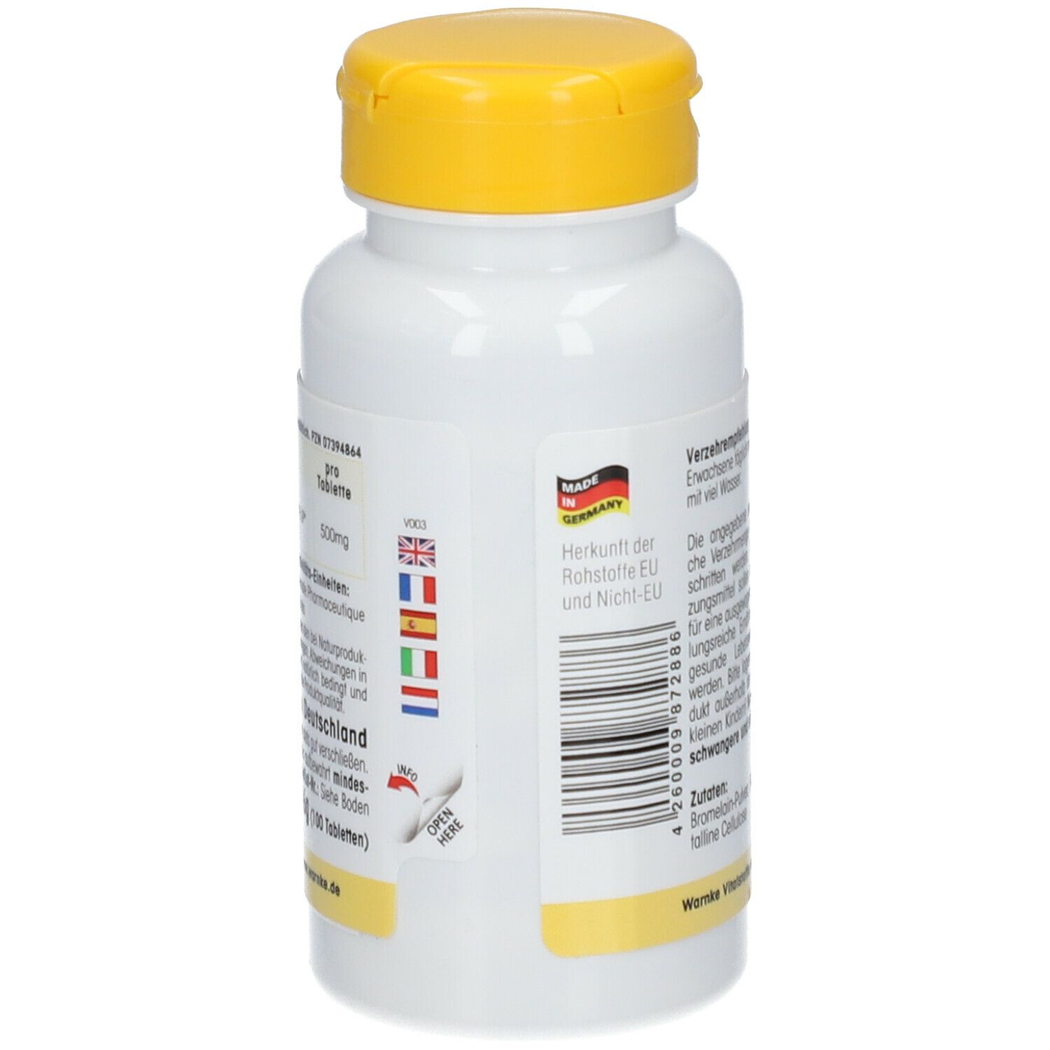 Dos du flacon de comprimés. Texte, Fabriqué en Allemagne. Drapeaux des pays de l'UE. Code-barres. Ouvrir ici.