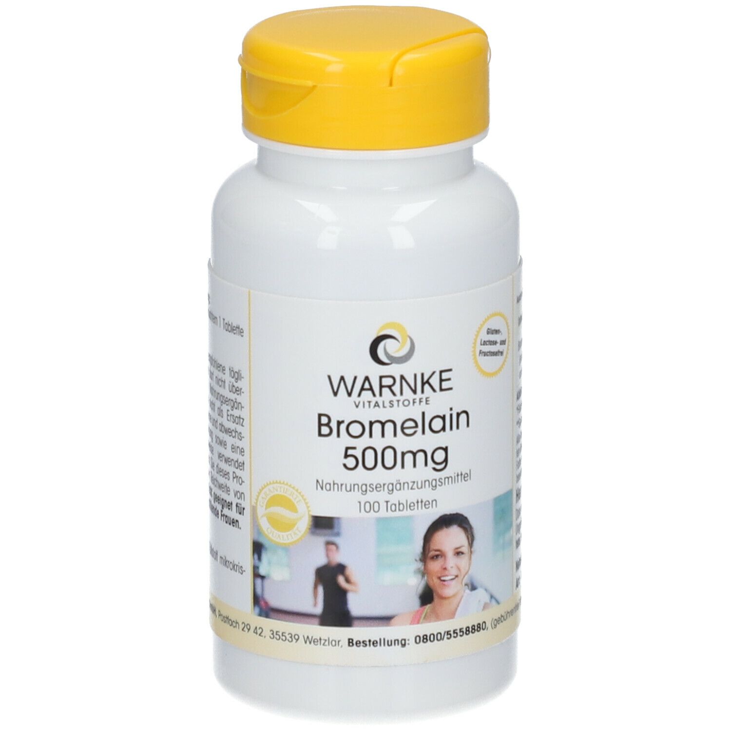 Flacon de comprimés blanc avec couvercle jaune. Inscription : WARNKE Bromelain 500mg. 100 comprimés. Femme dans un gymnase.
