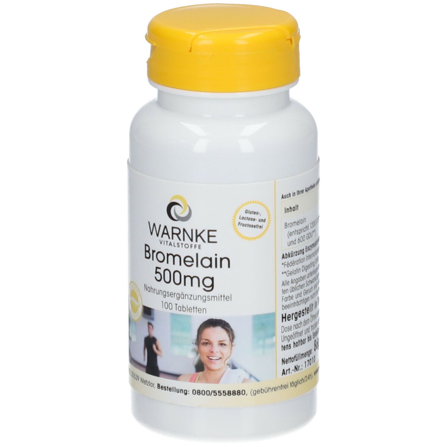 Flacon de comprimés blanc avec couvercle jaune. Inscription : WARNKE Bromelain 500mg. 100 comprimés. Femme dans un gymnase.