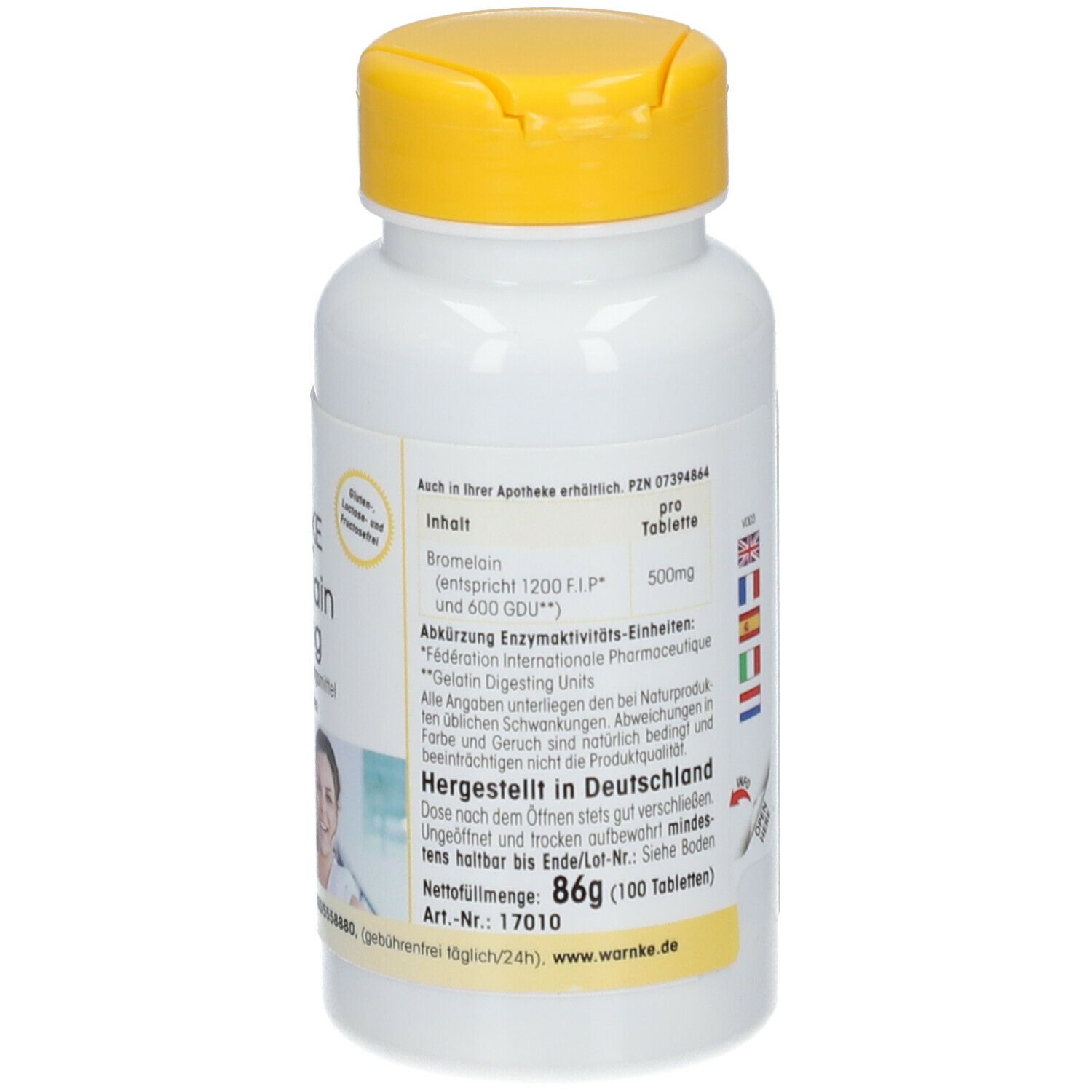 Dos du flacon de comprimés. Texte, Fabriqué en Allemagne. Ingrédients. Poids net 86g. 100 comprimés.