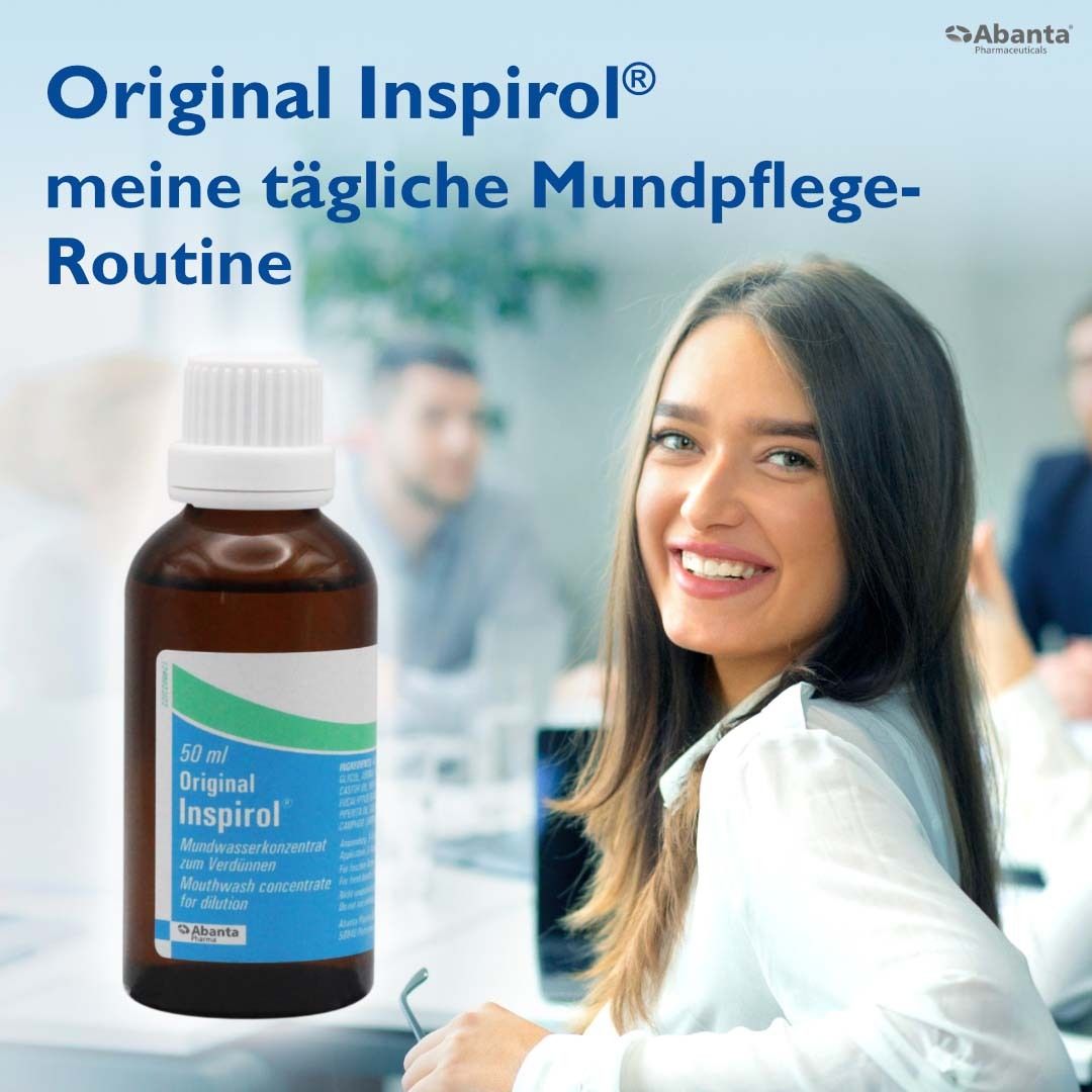 Femme souriante. Flacon avec inscription: Original Inspirol. Ma routine quotidienne de soins bucco-dentaires. Abanta Pharma.