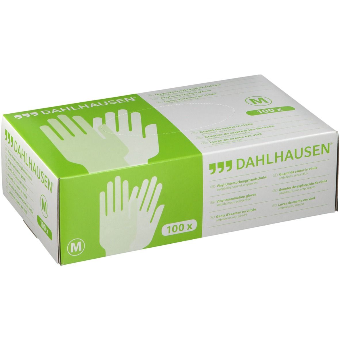 Boîte de gants DAHLHAUSEN, taille M, 100 pièces. Emballage vert et blanc avec illustrations de gants.