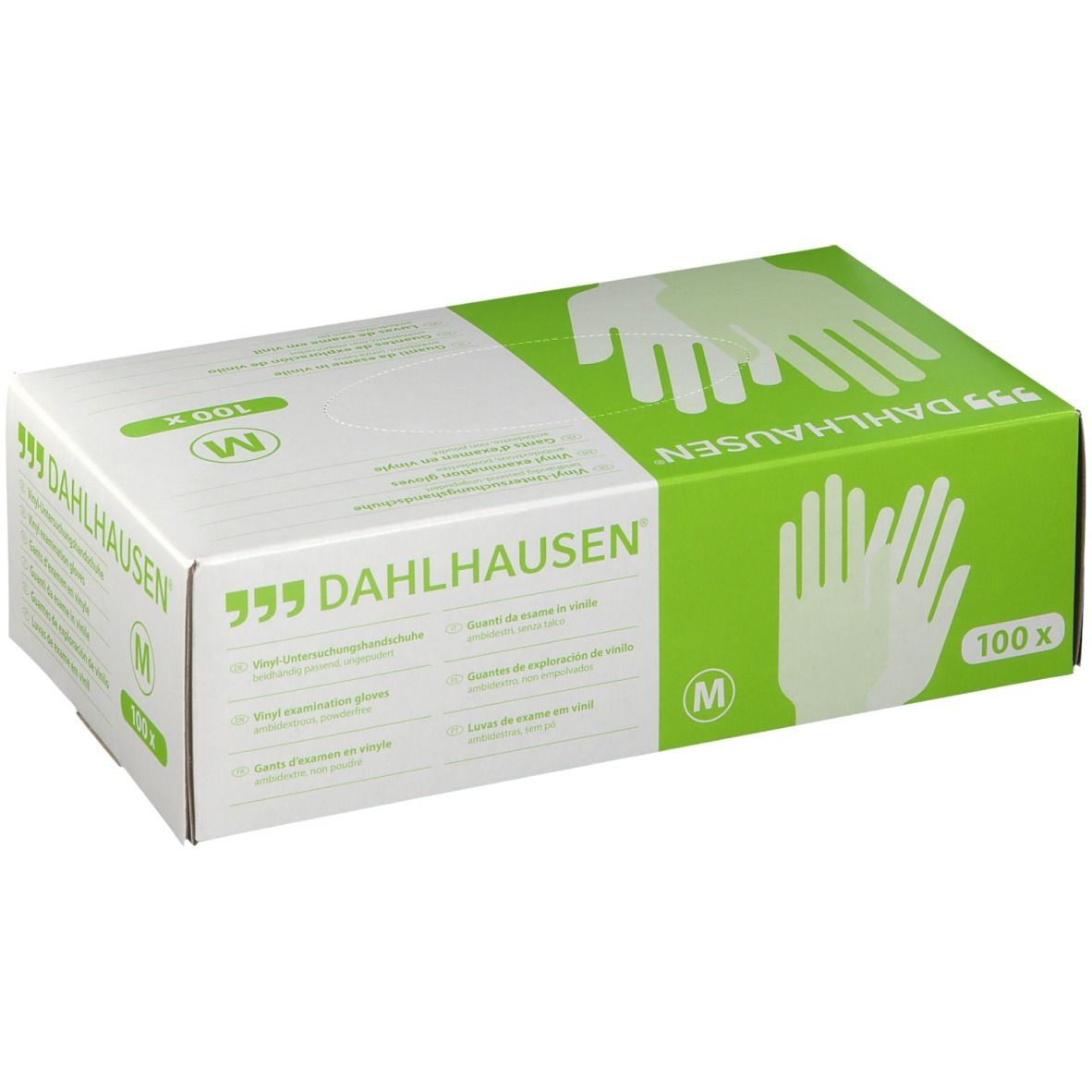 Boîte de gants DAHLHAUSEN, taille M, 100 pièces. Emballage vert et blanc avec illustrations de gants.