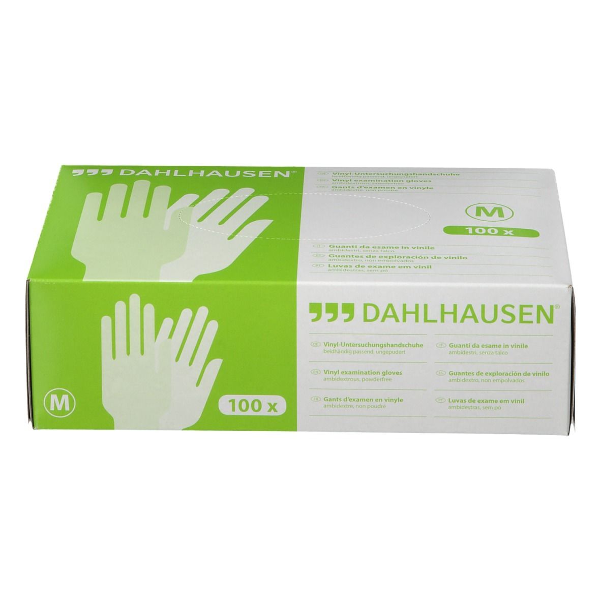 Boîte de gants DAHLHAUSEN, taille M, 100 pièces. Emballage vert et blanc avec illustrations de gants.