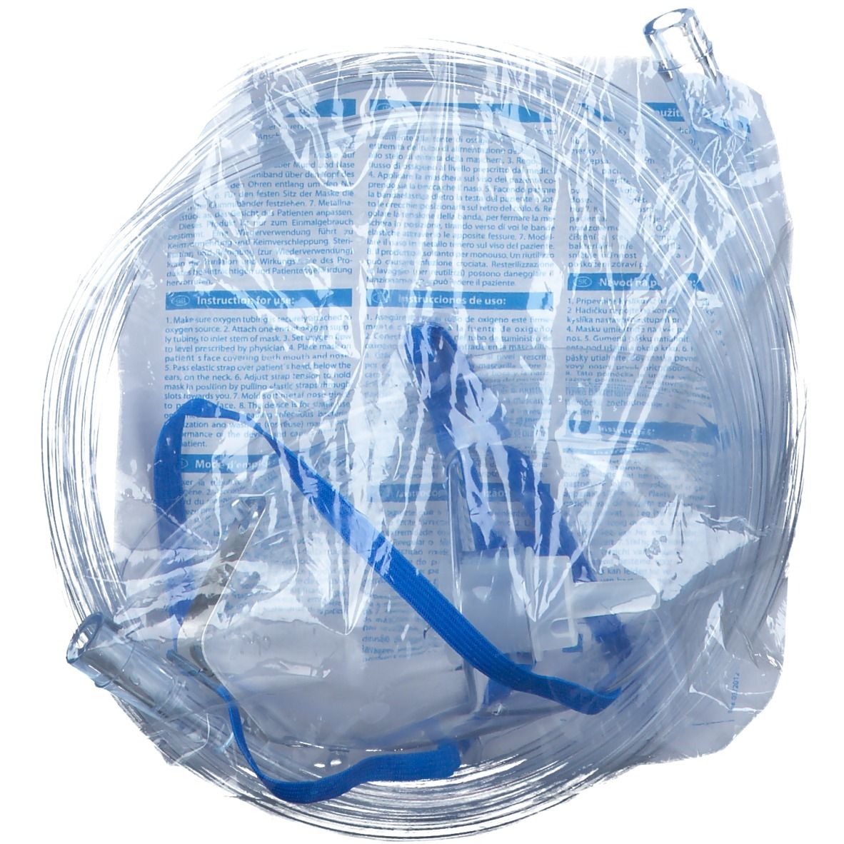 Zuurstofmasker met veiligheidsslang in transparante verpakking. Blauwe banden en slang zichtbaar. Tekst op de verpakking.