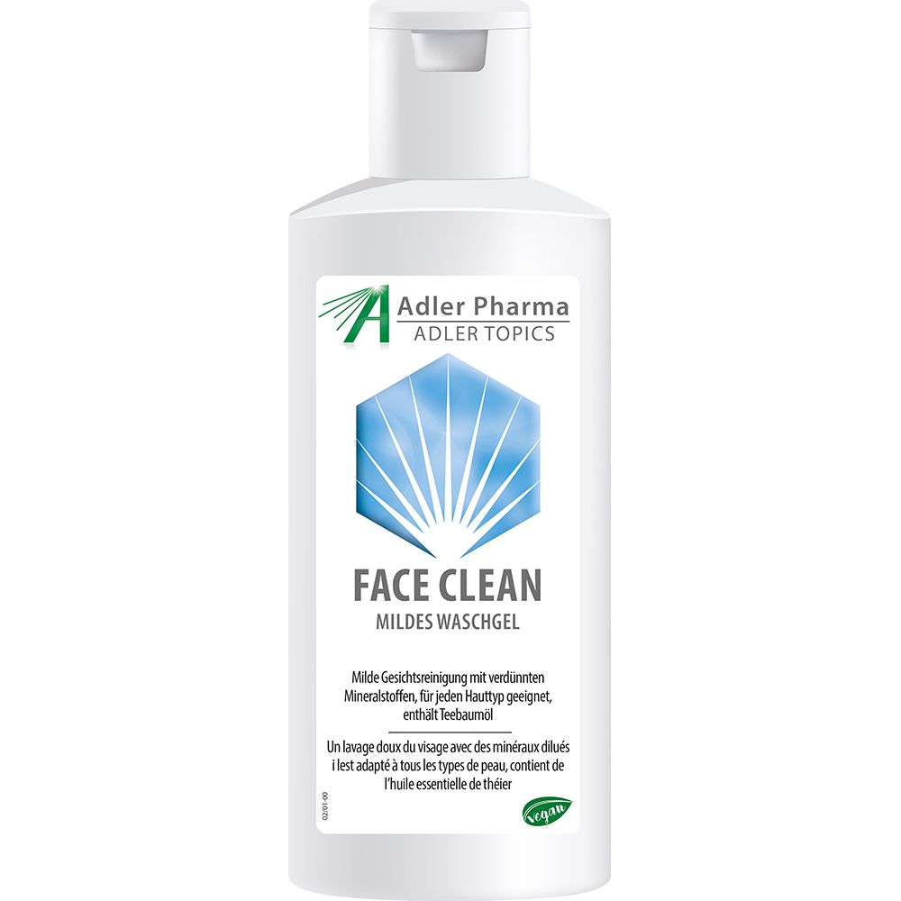 Flacon blanc avec bouchon rabattable. Inscription : FACE CLEAN Mildes Waschgel. Contient de l'huile de théier. Logo Adler Pharma et label Vegan.