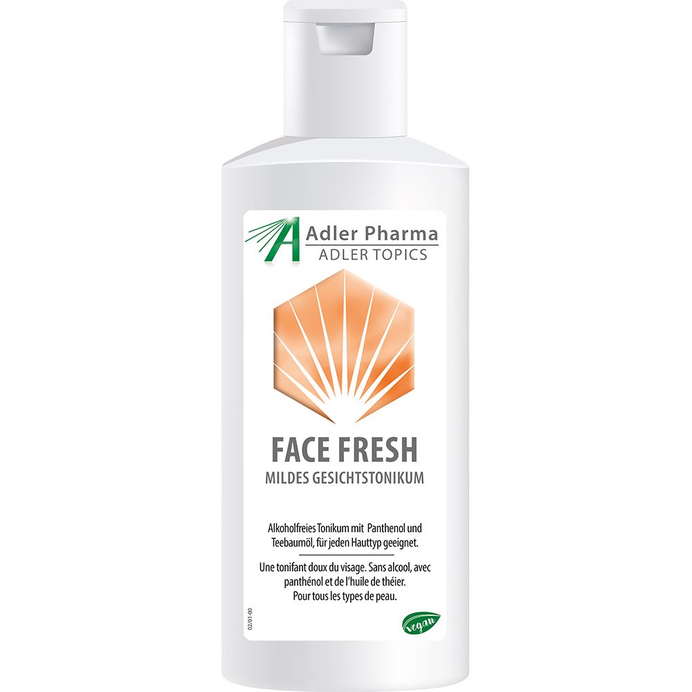 Witte fles met klapdeksel. Opschrift: FACE FRESH Mildes Gesichtstonikum. Logo: Adler Pharma. Vegan-zegel.