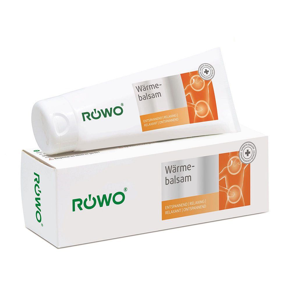 Tube et boîte de RÖWO Wärmebalsam. Blanc, avec logo et nom du produit. Accents orange.