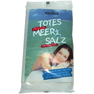 Emballage de "Sel de la Mer Morte" de "REGINA". Texte: "Original Totes Meer Salz". Femme dans l'eau. 100% naturel.