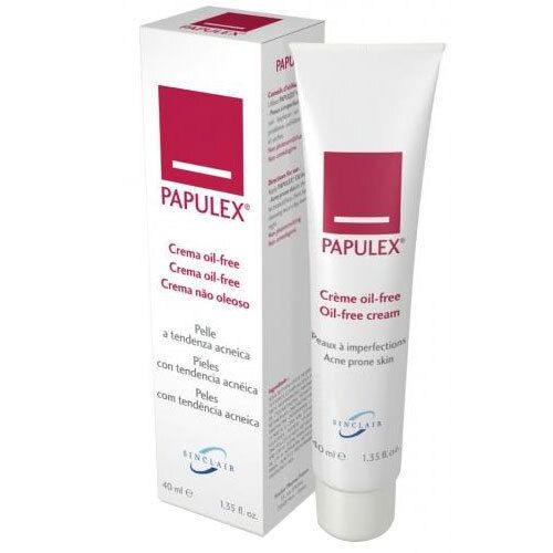 Tube en verpakking van PAPULEX Ölfreie Creme. Wit met rood rechthoek en tekst. 40 ml.