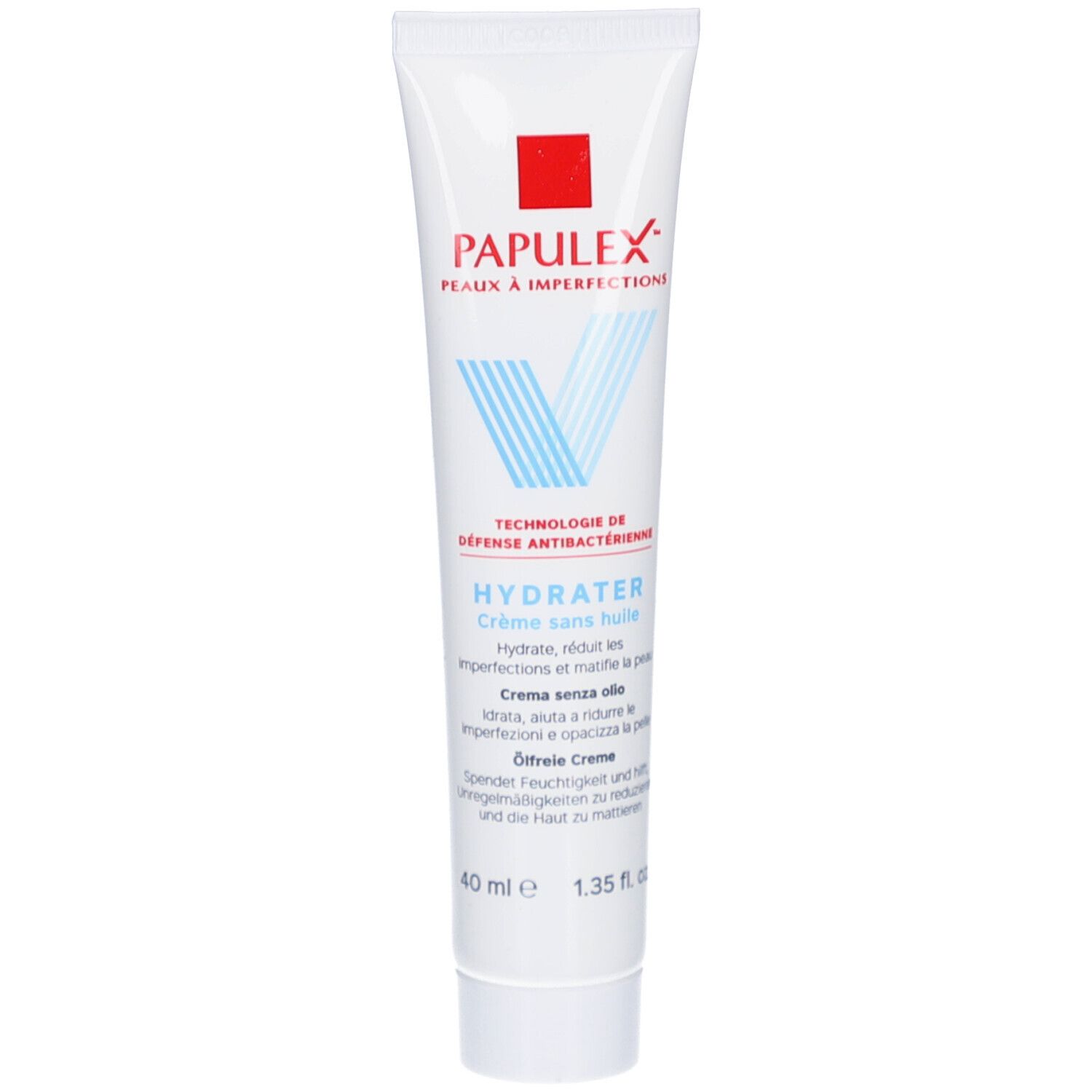 Tube van PAPULEX Ölfreie Creme. Wit met rood rechthoek en tekst. 40 ml.