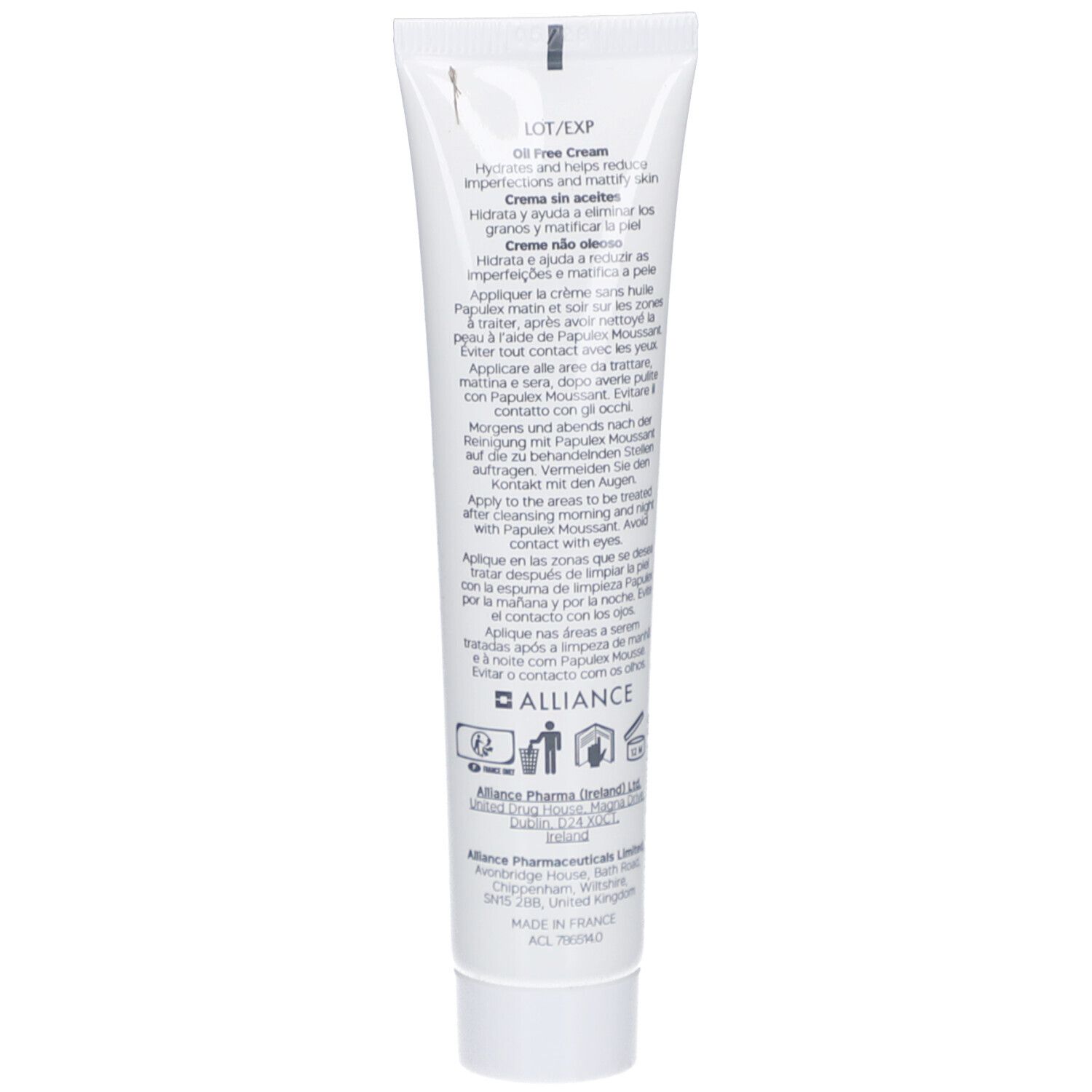 Achterkant van de PAPULEX Ölfreie Creme tube. Meertalige tekst. 40 ml.