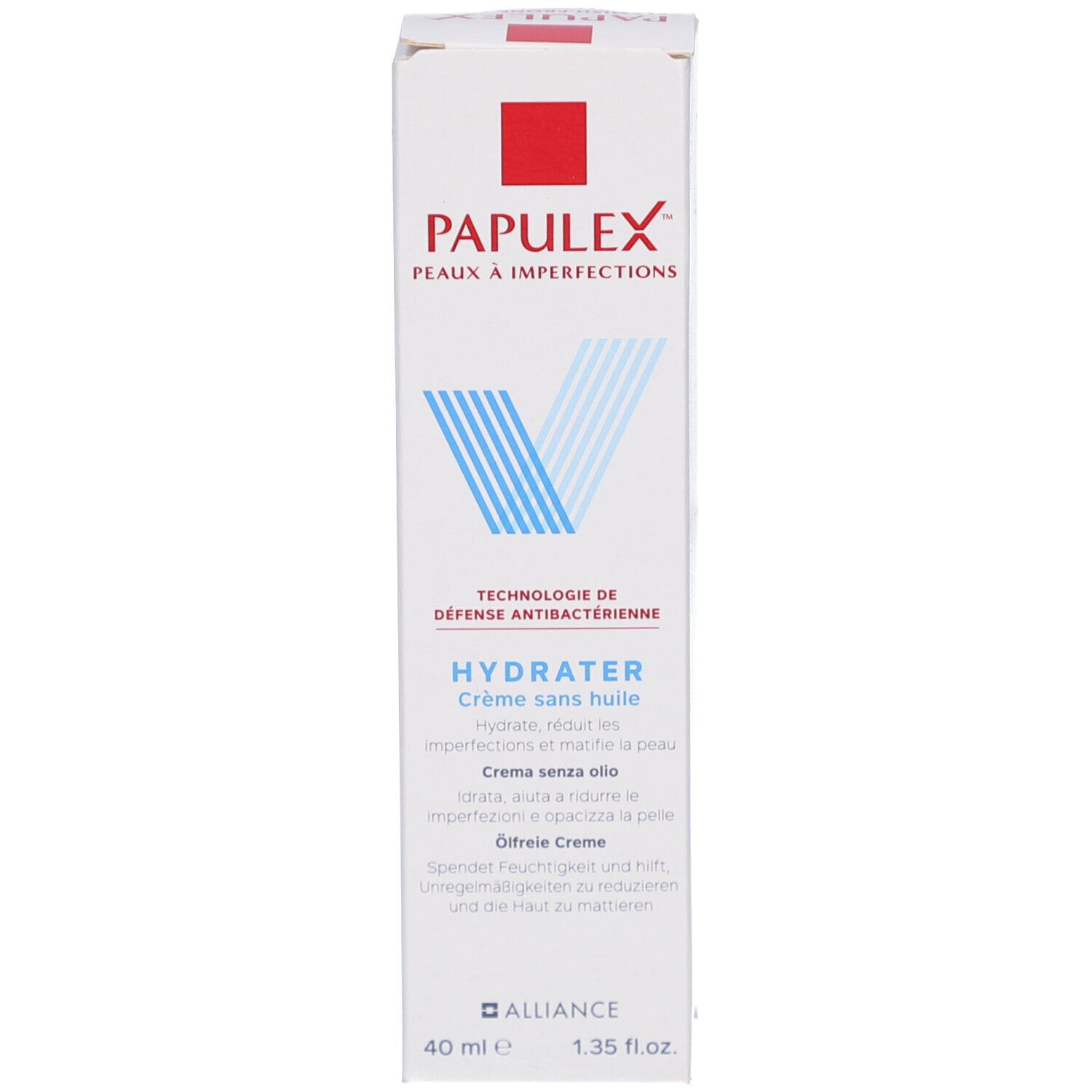 Verpakking van PAPULEX Ölfreie Creme. Wit met rood rechthoek en tekst. 40 ml.