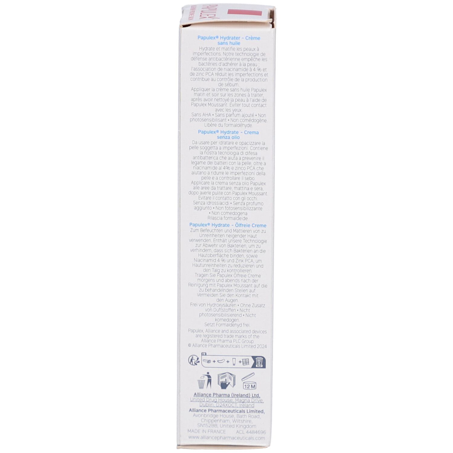 Achterkant van de PAPULEX Ölfreie Creme verpakking. Meertalige tekst. 40 ml.