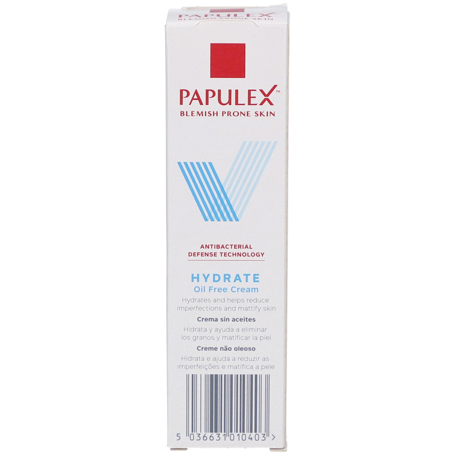 Verpakking van PAPULEX Ölfreie Creme. Wit met rood rechthoek en tekst. 40 ml.
