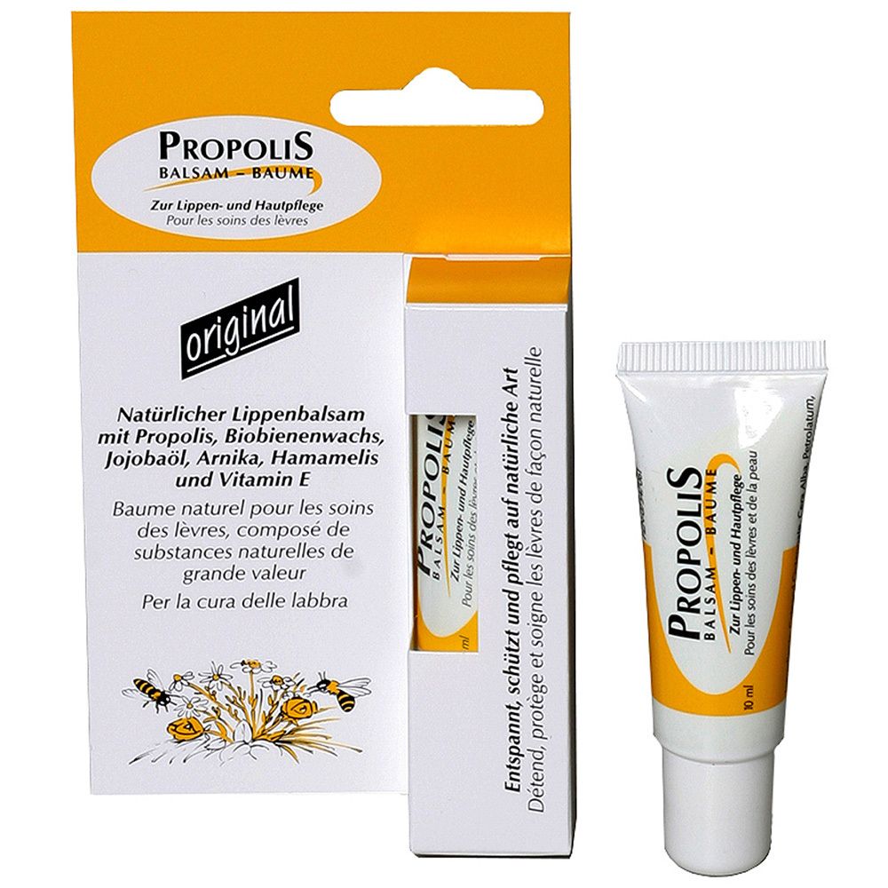 Propolis lippenbalsem, tube en verpakking. Geel-witte verpakking met productnaam en ingrediënten. Tube van 10 ml.