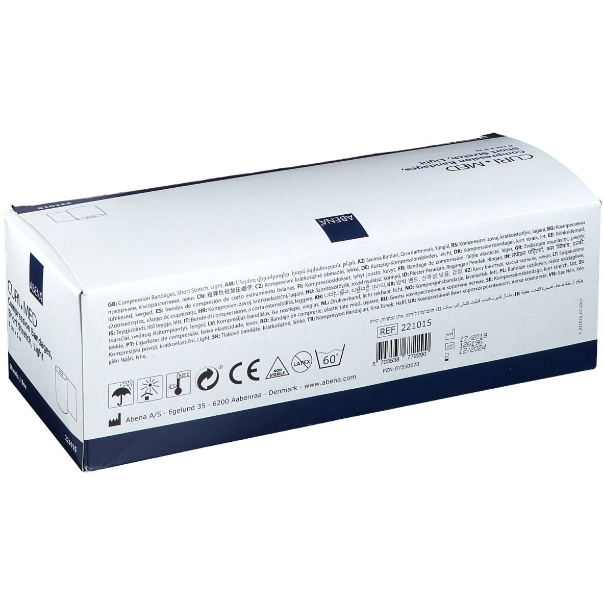 Dos de la boîte de bandages compressifs CURI.MED. Texte multilingue, marquage CE, ABENA.