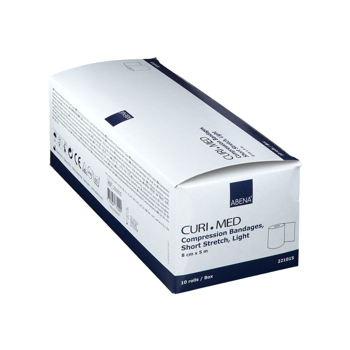 Boîte de bandages compressifs CURI.MED, 8 cm x 5 m. 10 rouleaux. Marque ABENA. Blanc et bleu.