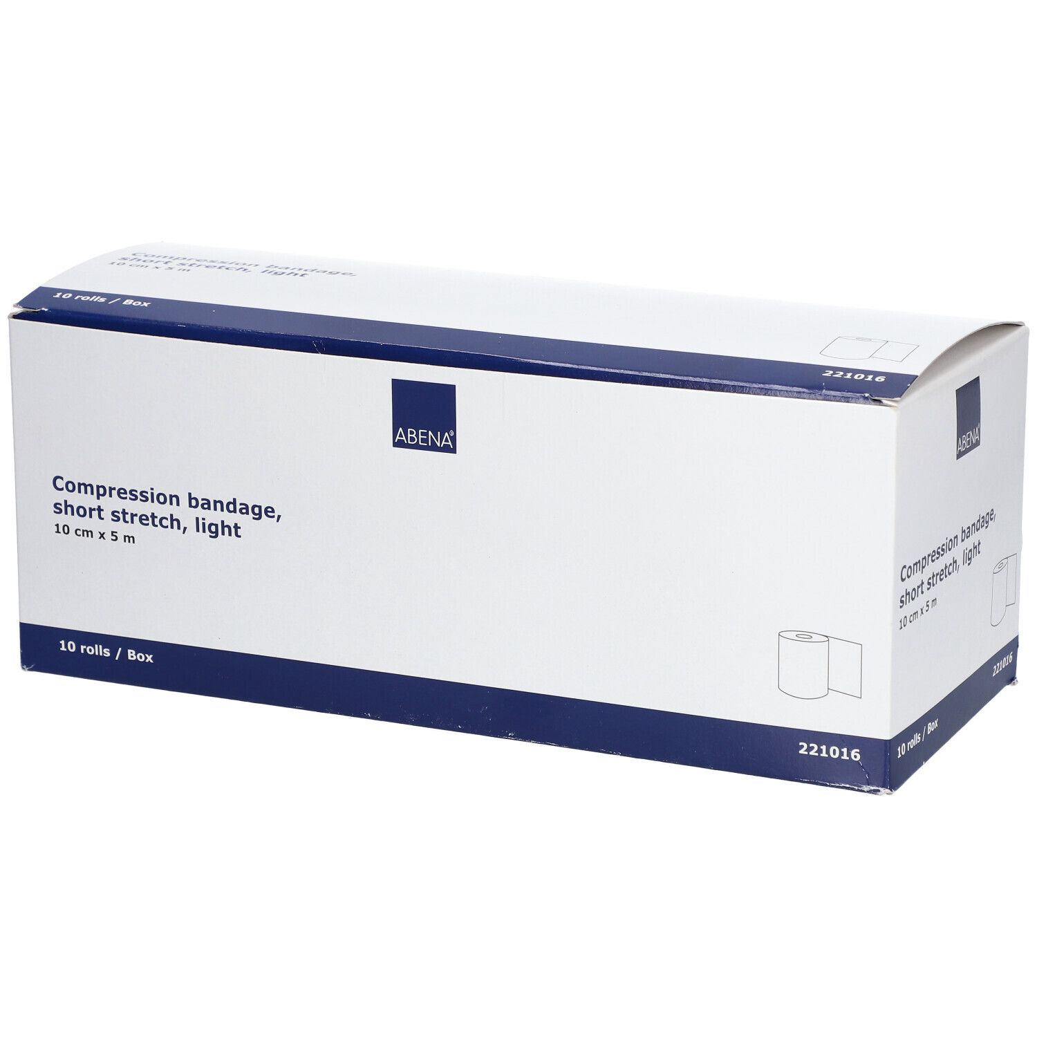 ABENA compressieverbanddoos. 10 cm x 5 m, 10 rollen. Kort rekbaar, licht. Verpakking met logo en info.