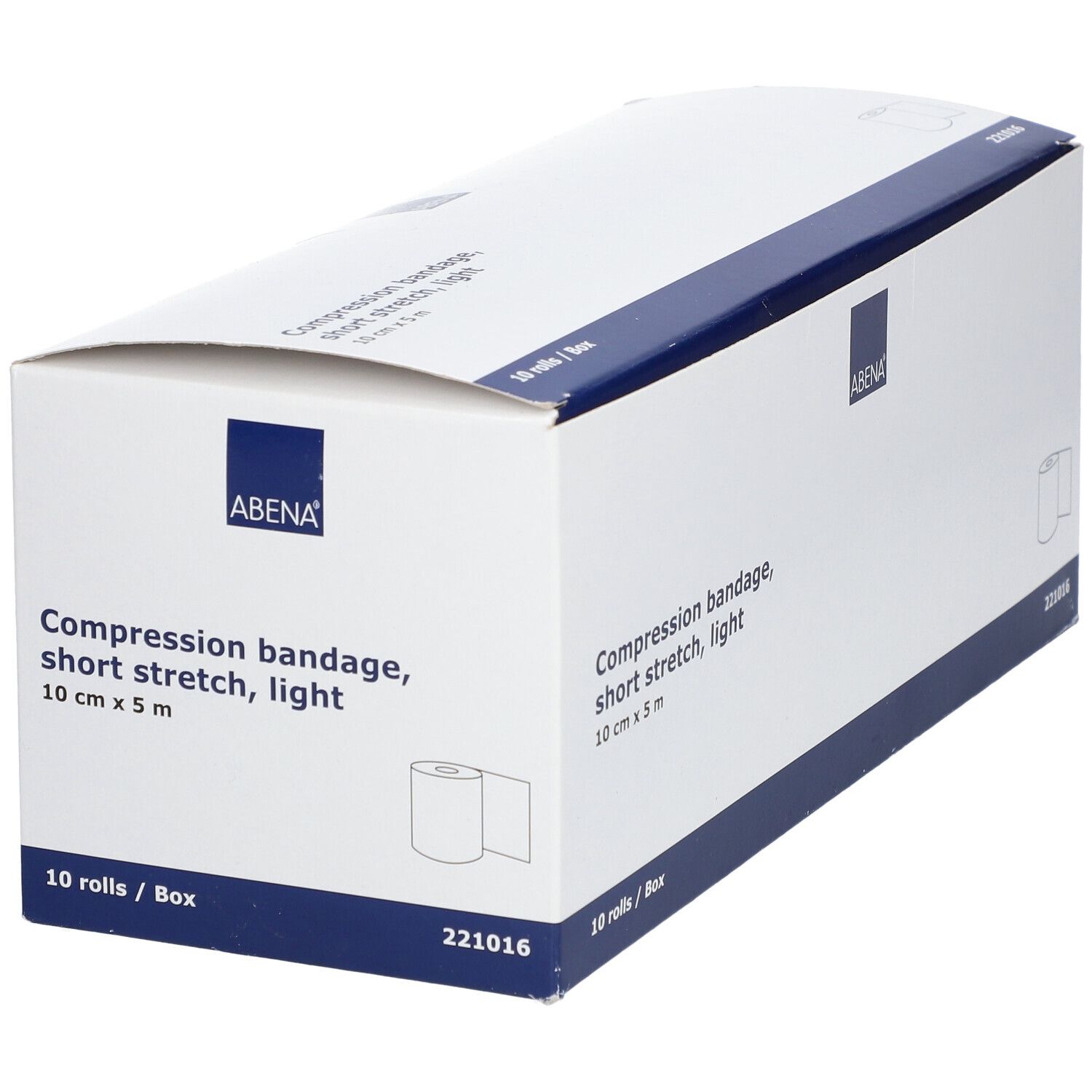 ABENA compressieverbanddoos. 10 cm x 5 m, 10 rollen. Kort rekbaar, licht. Verpakking met logo en info.