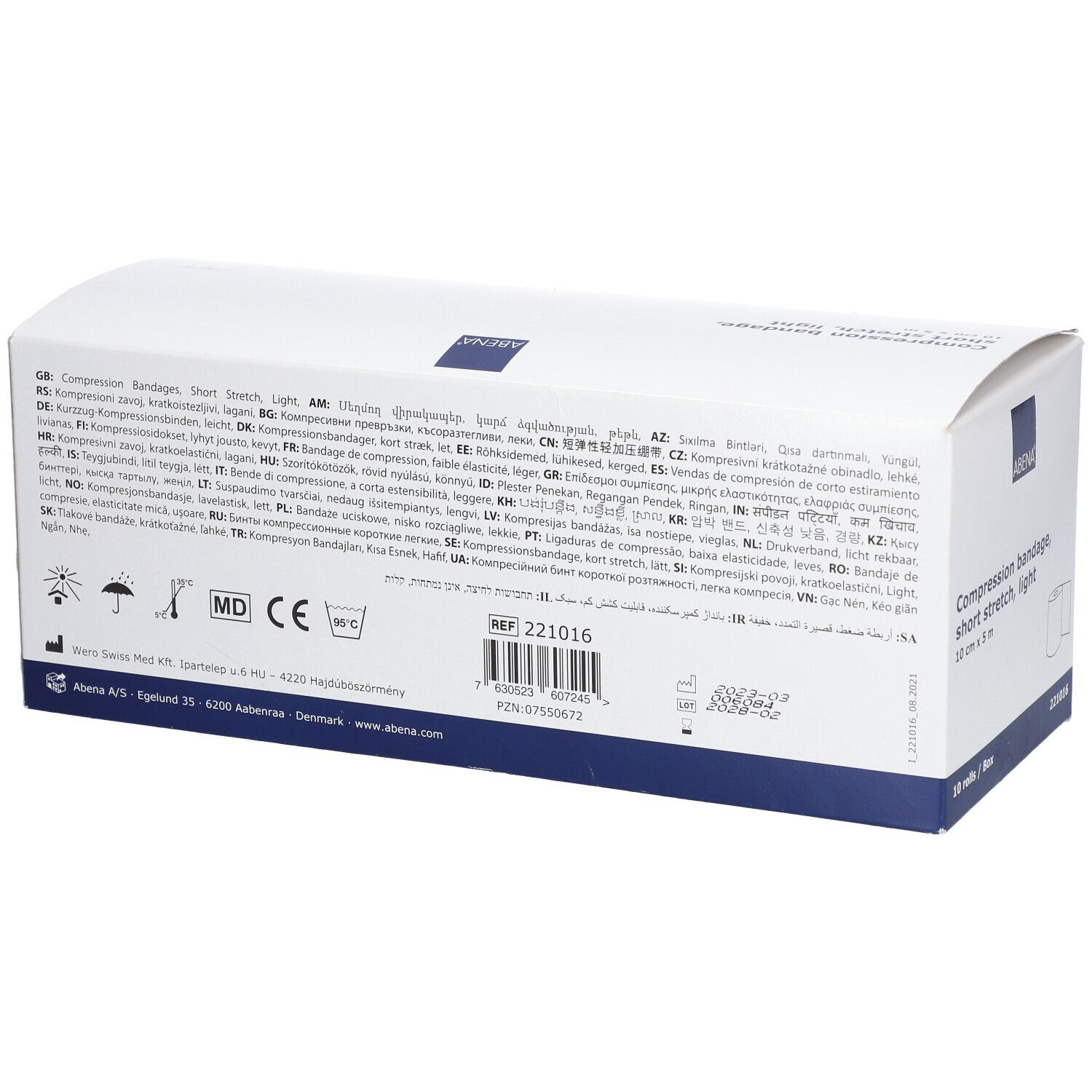 ABENA compressieverbanddoos. 10 cm x 5 m, 10 rollen. Kort rekbaar, licht. Verpakking met logo en info.