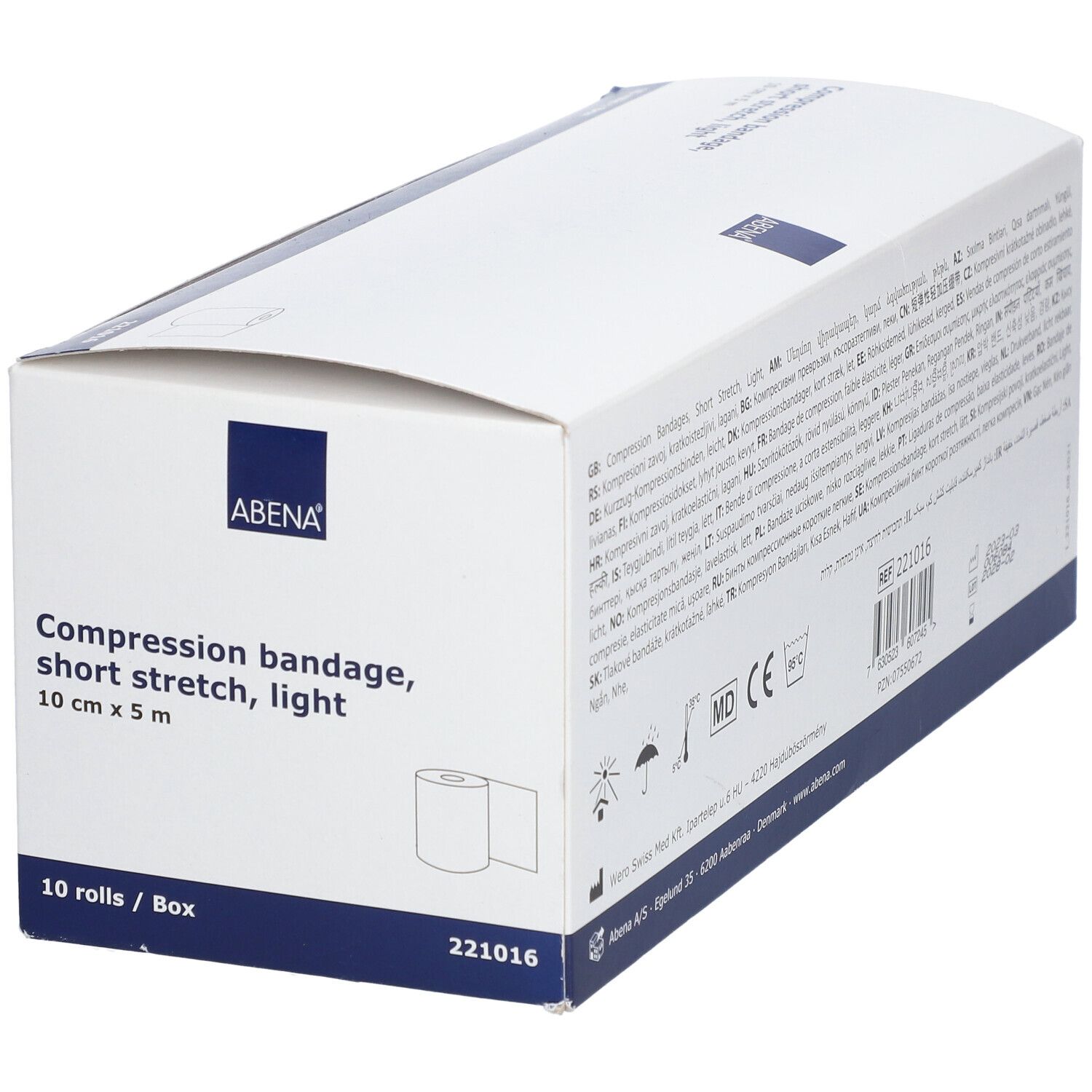 ABENA compressieverbanddoos. 10 cm x 5 m, 10 rollen. Kort rekbaar, licht. Verpakking met logo en info.