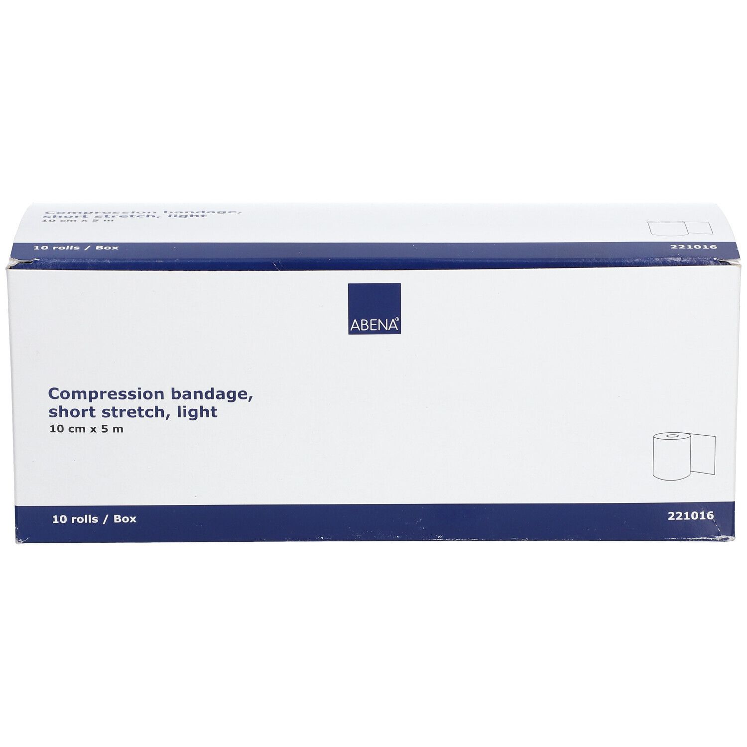 ABENA compressieverbanddoos. 10 cm x 5 m, 10 rollen. Kort rekbaar, licht. Verpakking met logo en info.