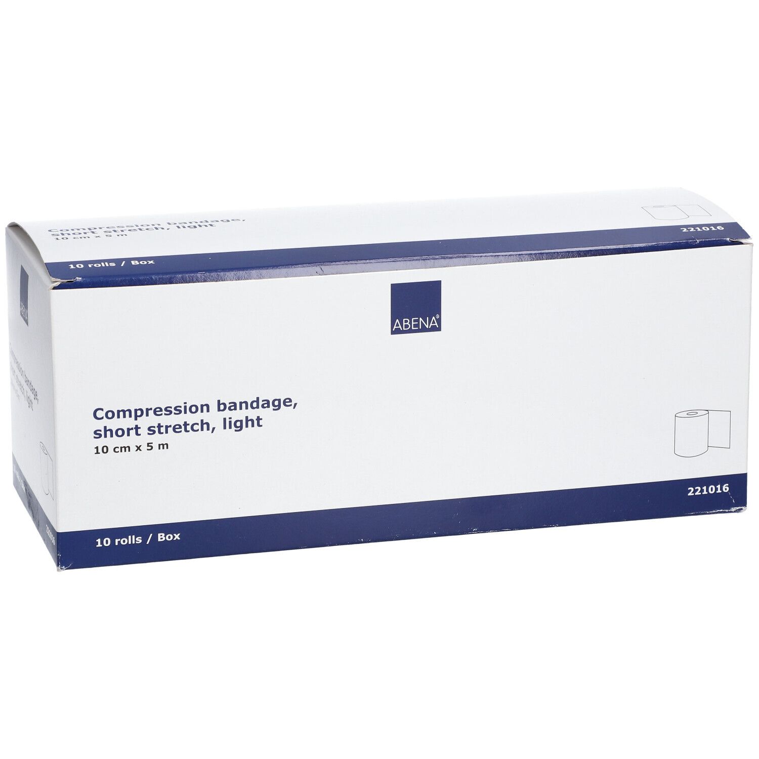ABENA compressieverbanddoos. 10 cm x 5 m, 10 rollen. Kort rekbaar, licht. Verpakking met logo en info.