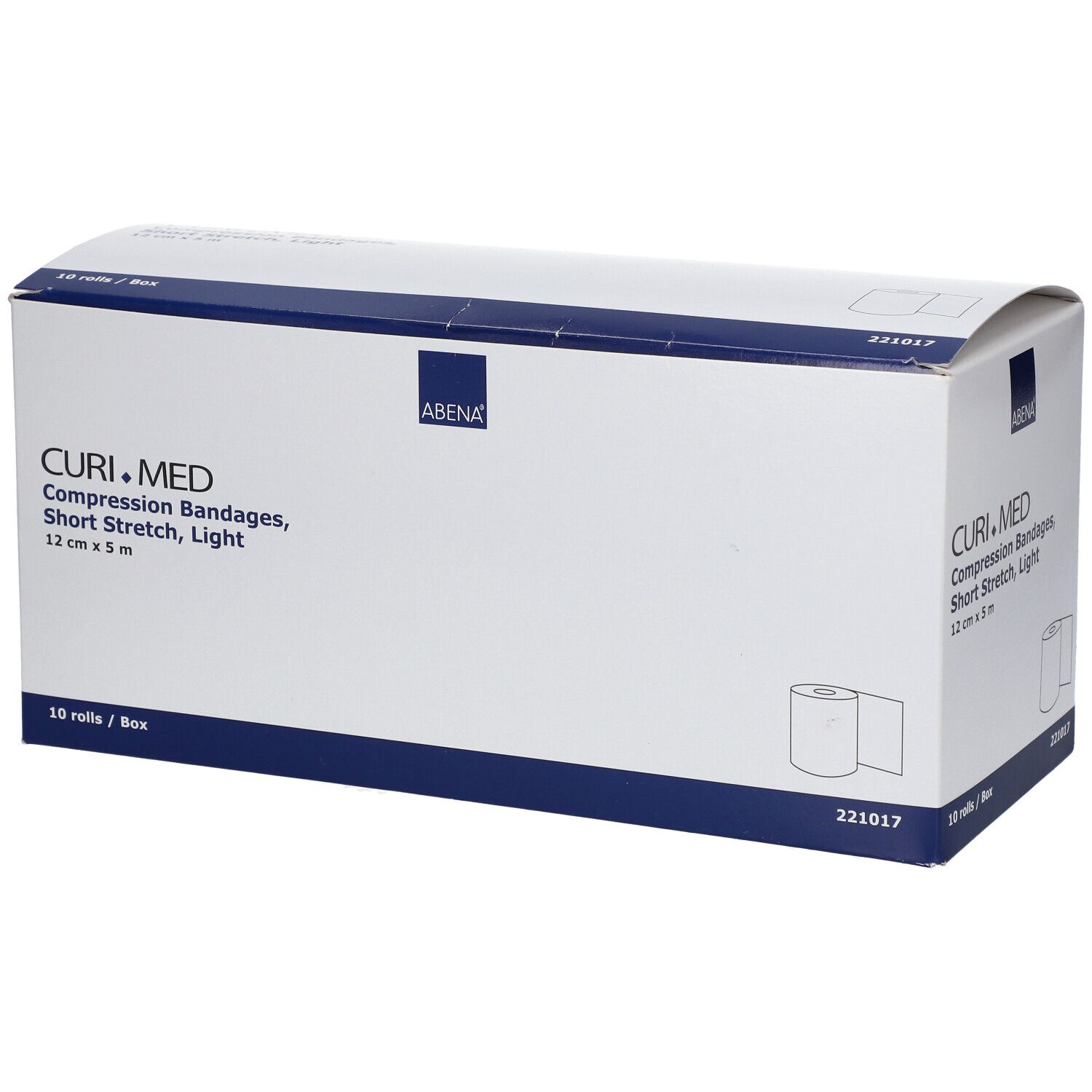 CURI.MED compressieverbanddoos. 10 rollen. 12 cm x 5 m. ABENA-logo. Kortelastisch verband, licht.