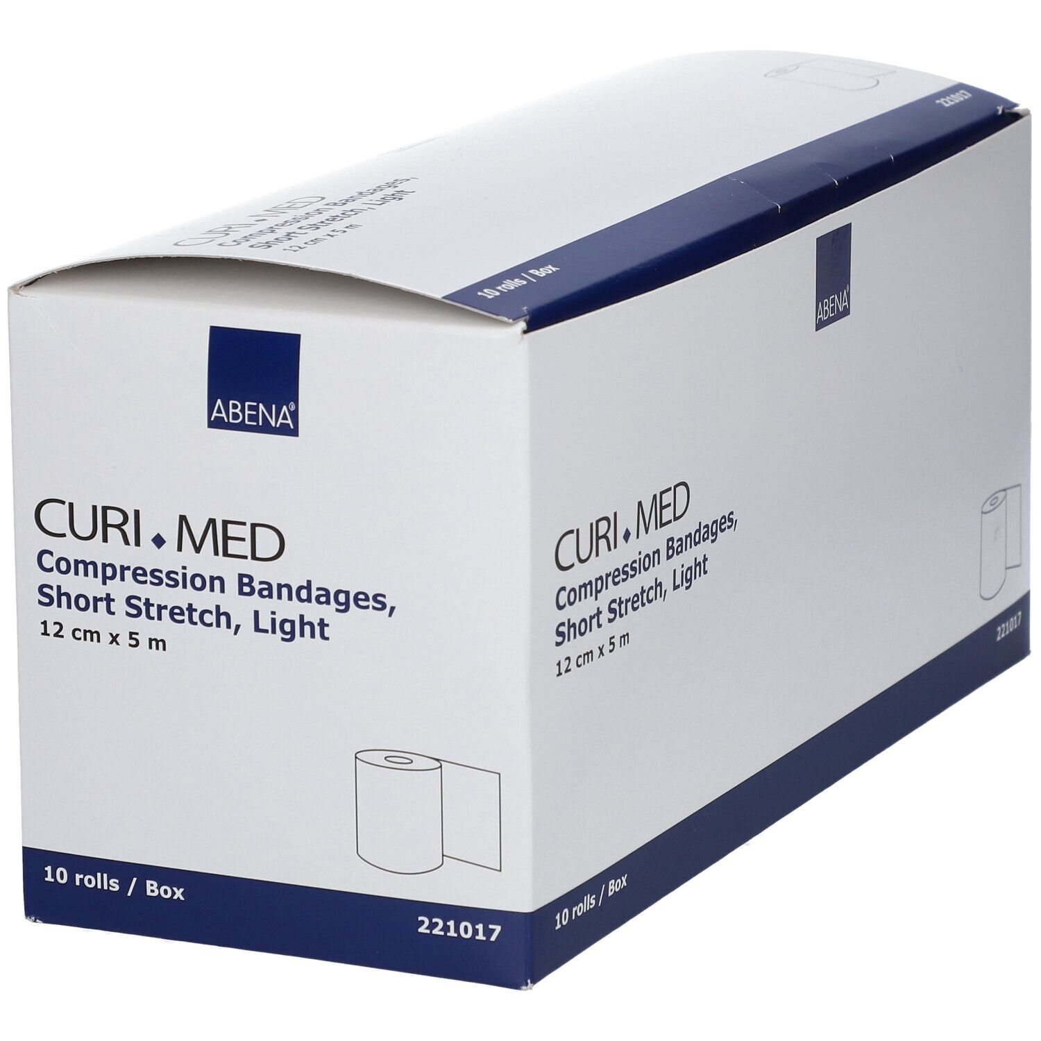 CURI.MED compressieverbanddoos. 10 rollen. 12 cm x 5 m. ABENA-logo. Kortelastisch verband, licht.