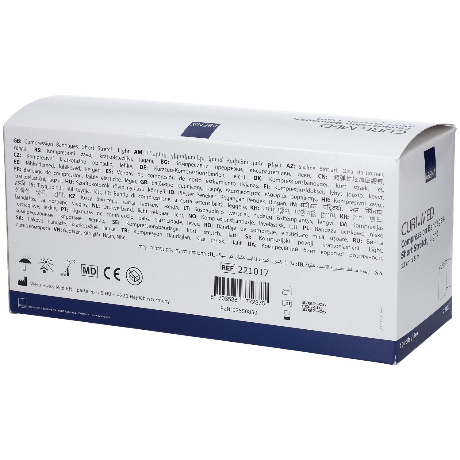 Achterkant van de CURI.MED compressieverbanddoos. Meertalige informatie. CE-markering. 10 rollen.