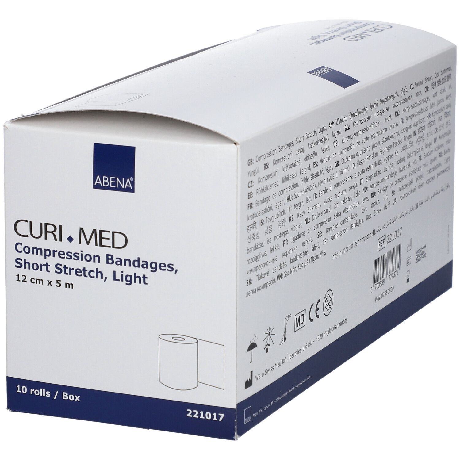 CURI.MED compressieverbanddoos. 10 rollen. 12 cm x 5 m. ABENA-logo. Kortelastisch verband, licht.