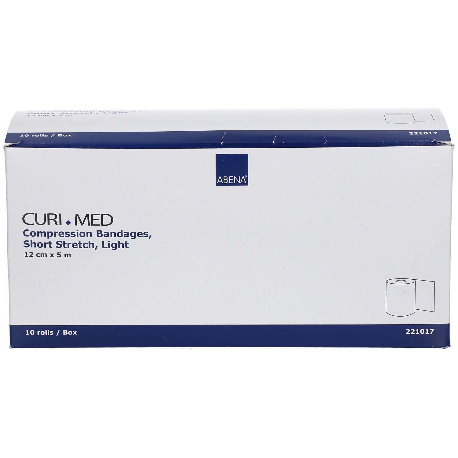 CURI.MED compressieverbanddoos. 10 rollen. 12 cm x 5 m. ABENA-logo. Kortelastisch verband, licht.