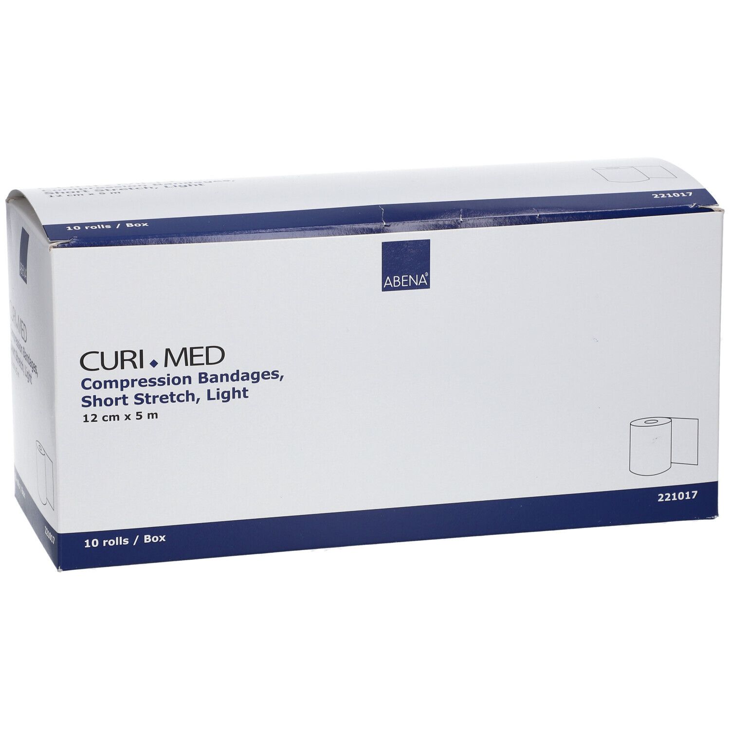 CURI.MED compressieverbanddoos. 10 rollen. 12 cm x 5 m. ABENA-logo. Kortelastisch verband, licht.