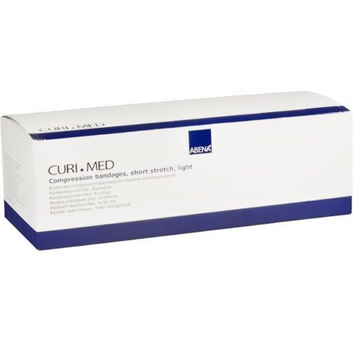 Boîte blanche avec texte bleu. Inscription: Curi.Med, Compression bandages, short stretch, light. Marque: Abena.